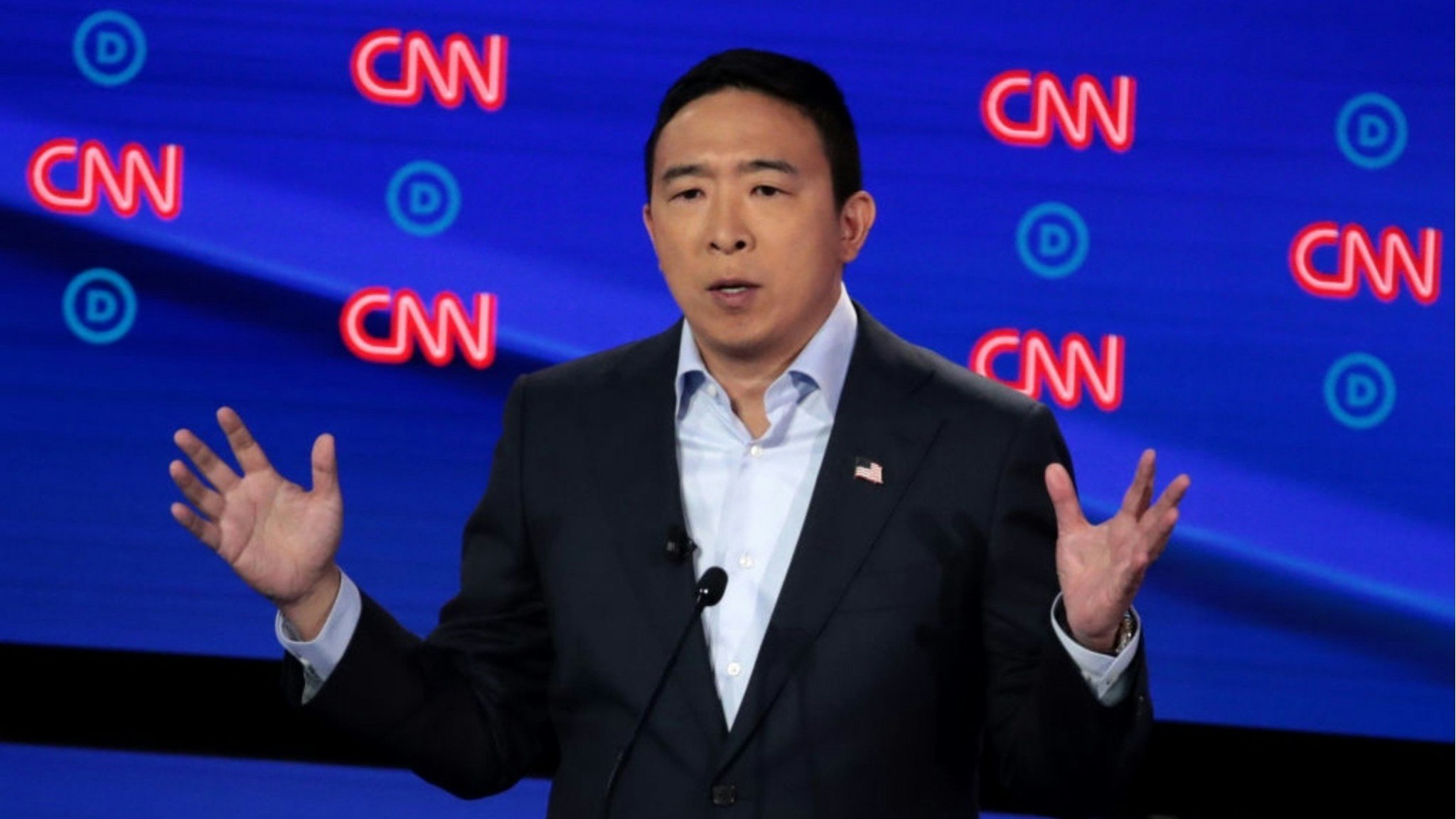 Democratic presidential candidate former tech executive Andrew Yang speaks during the Democratic Presidential Debate at the Fox Theatre July 31, 2019 in Detroit, Michigan.