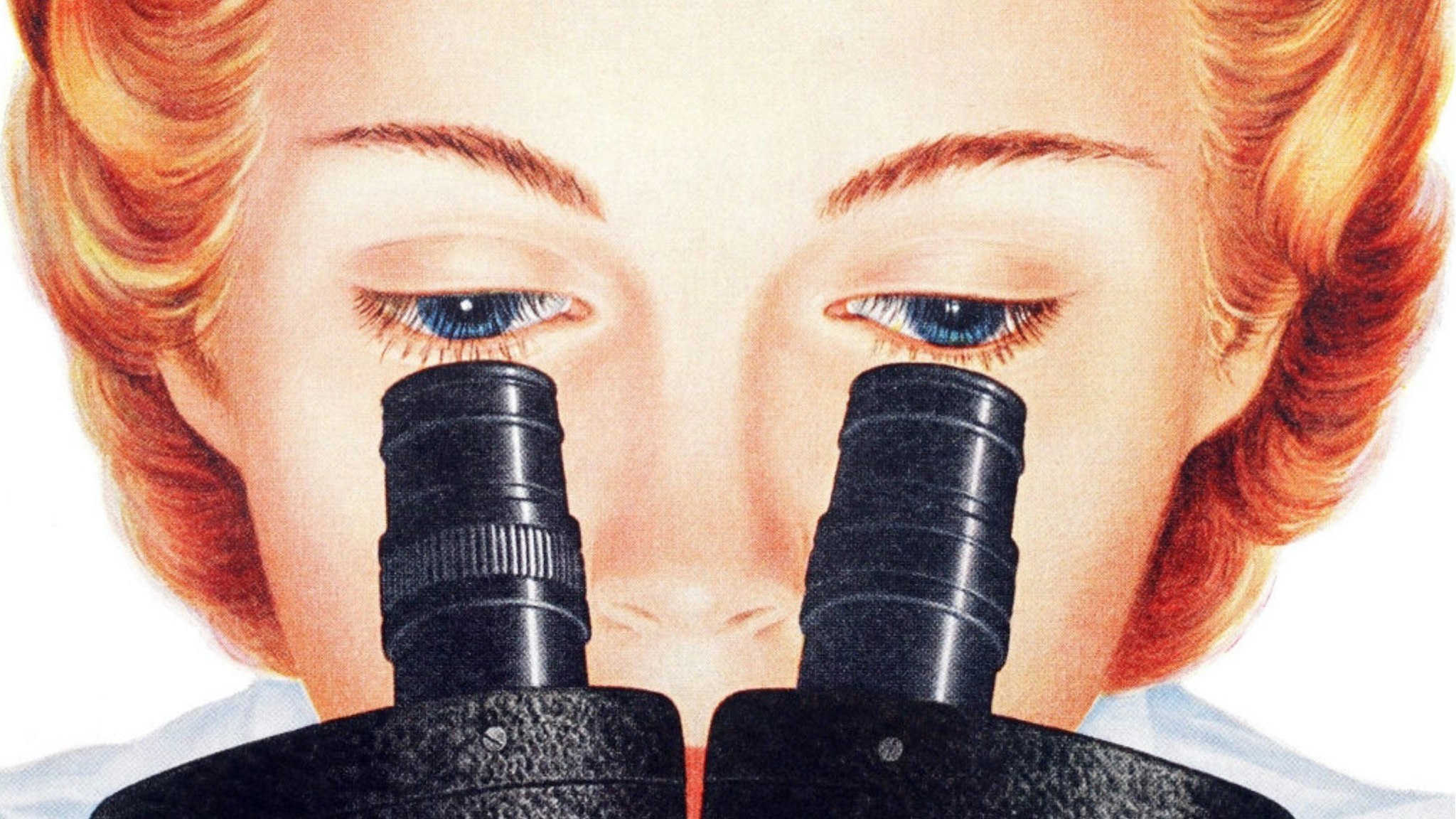 Close-up of a woman scientist looking into the lenses of a microscope, 1954. Screen print.