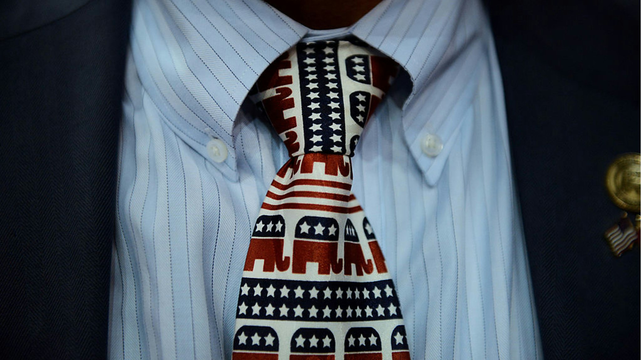 Will Deschamps, state chairman of Montana, wears a tie decorated with elephant mascots at the Republican National Convention (RNC) in Tampa, Florida, U.S., on Thursday, Aug. 30, 2012.