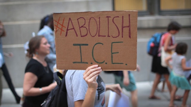 Demonstrators march through downtown calling for the abolition of the U.S. Immigration and Customs Enforcement (ICE) on August 16, 2018 in Chicago, Illinois.