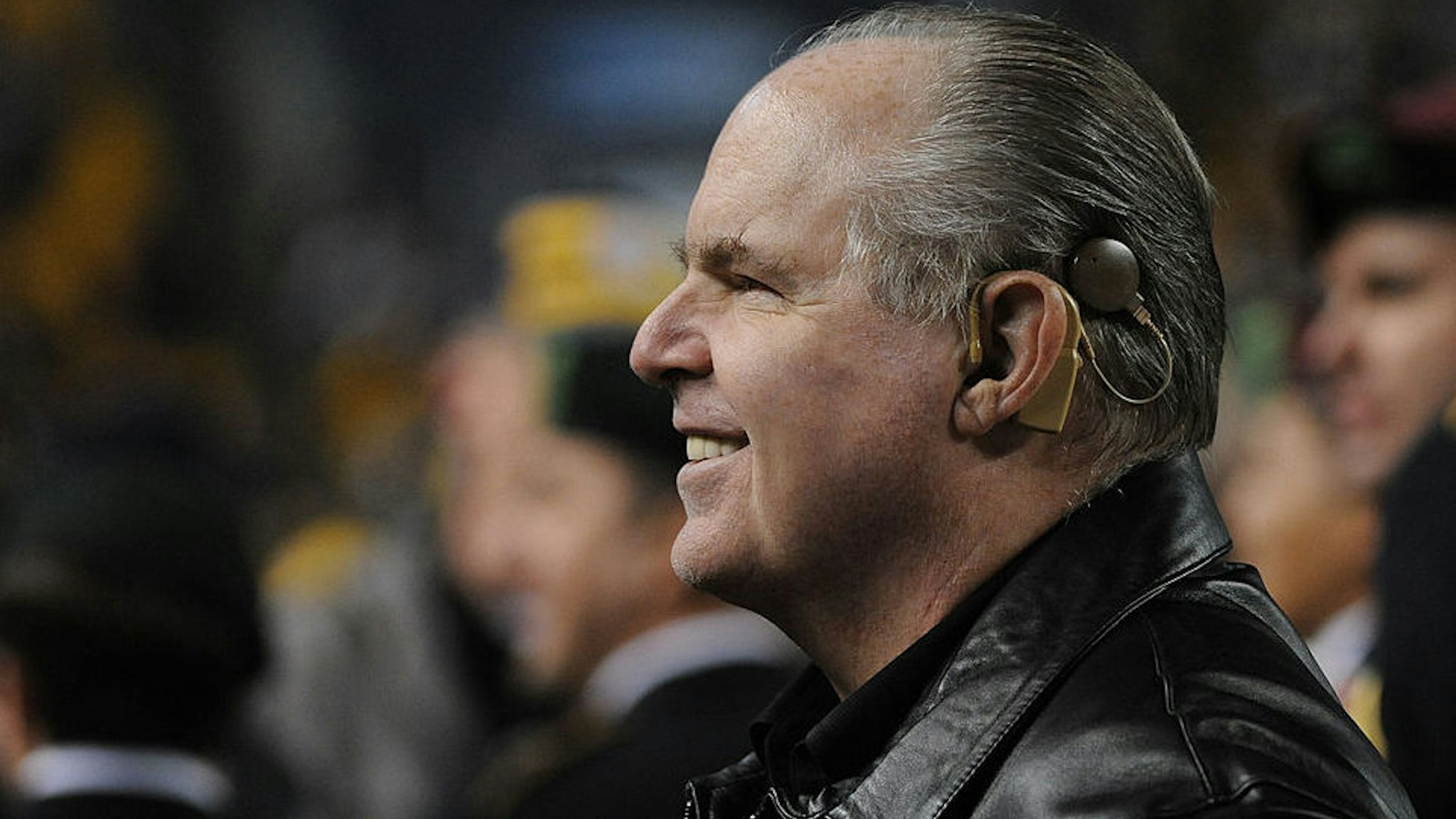 Radio talk show host and political commentator Rush Limbaugh looks on from the sideline before a National Football League game between the Baltimore Ravens and Pittsburgh Steelers at Heinz Field on November 6, 2011 in Pittsburgh, Pennsylvania. The Ravens defeated the Steelers 23-20. (Photo by George Gojkovich/Getty Images)