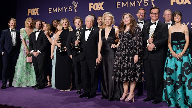 Cast and crew of 'Saturday Night Live' pose with awards for Outstanding Variety Sketch Series in the press room during the 71st Emmy Awards at Microsoft Theater on September 22, 2019 in Los Angeles, California. (Photo by Matt Winkelmeyer/FilmMagic)