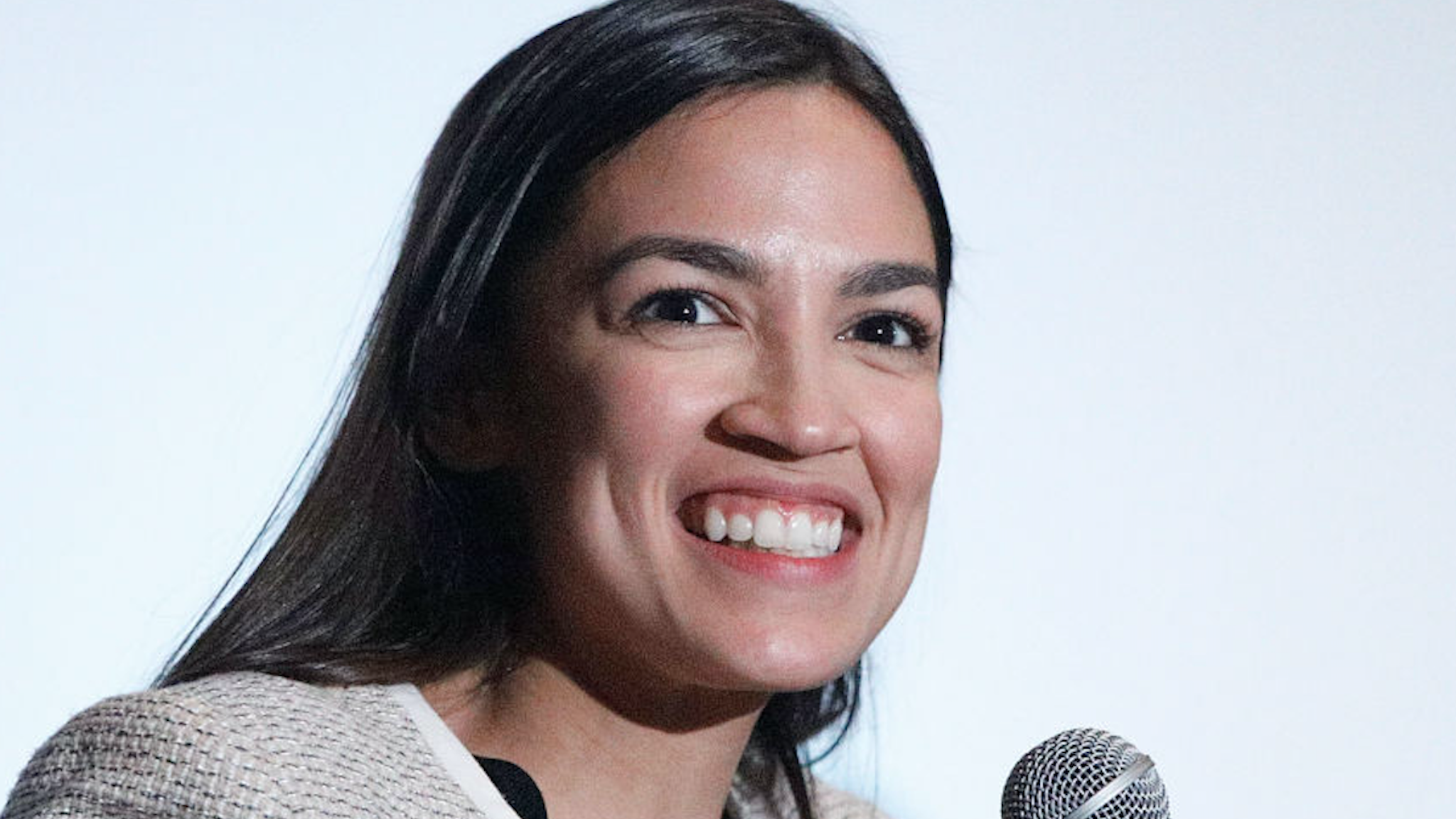 US Representative Alexandria Ocasio-Cortez on stage during the 2019 Athena Film Festival closing night film, "Knock Down the House" at the Diana Center at Barnard College on March 3, 2019 in New York City