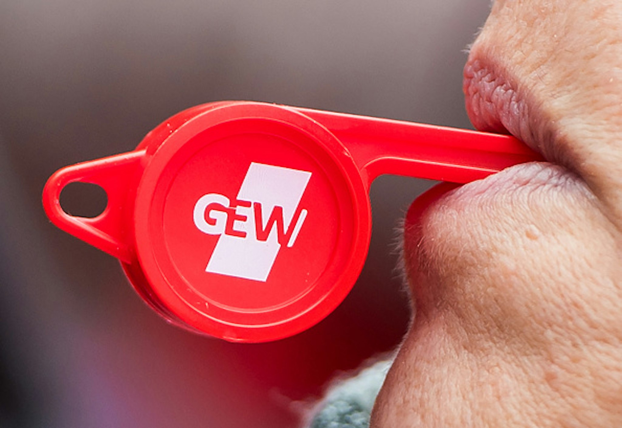 20 February 2019, Hamburg: A participant in a warning strike by collective bargaining employees at schools and universities in Hamburg stands in front of the tax authorities and blows a whistle with the logo of the GEW trade union. In the wage dispute in the public sector, the unions demand six percent more money, but at least 200 euros more per month.