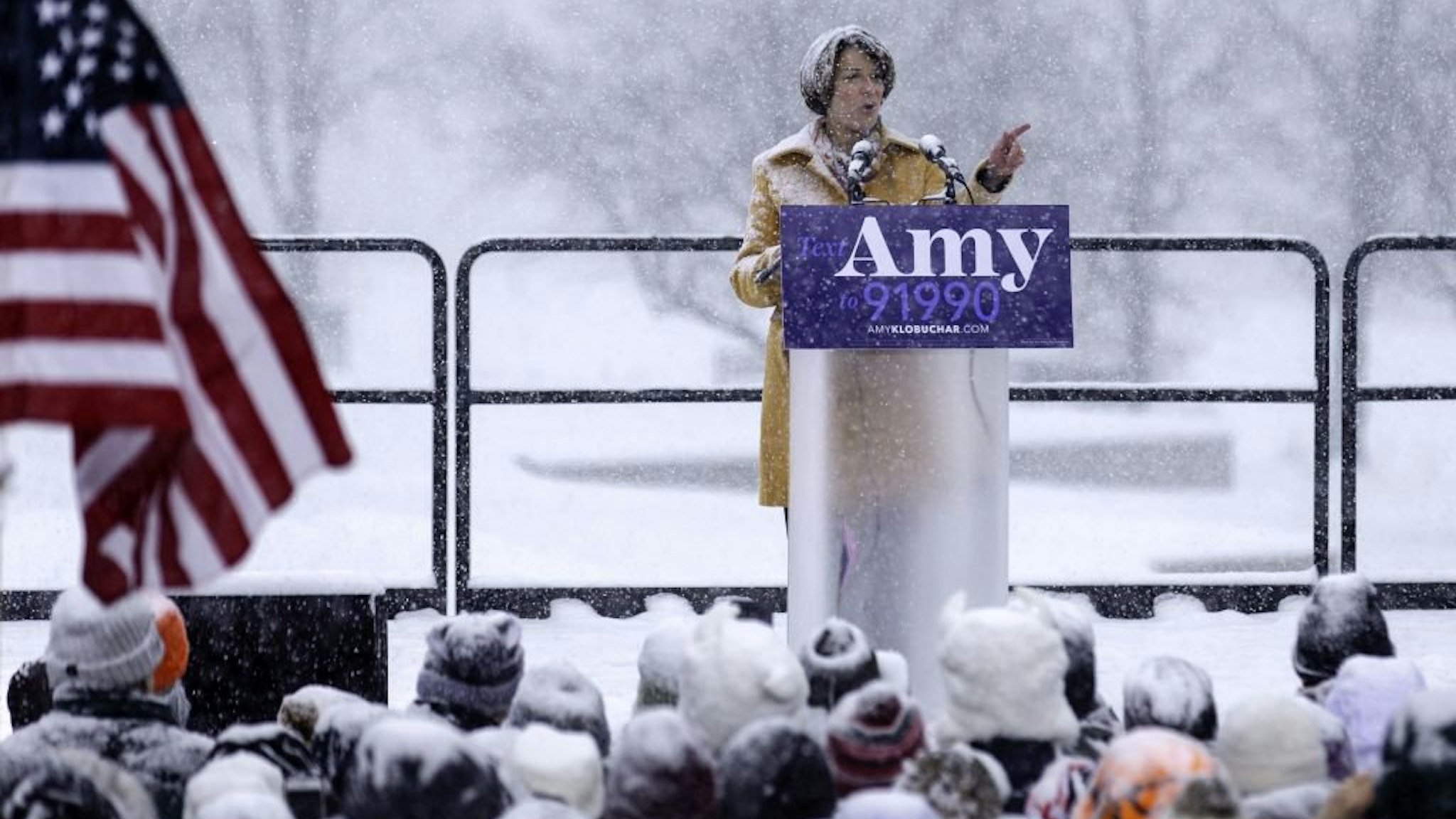 Amy Klobuchar announces her candidacy for president in a heavy snow fall on February 10, 2019