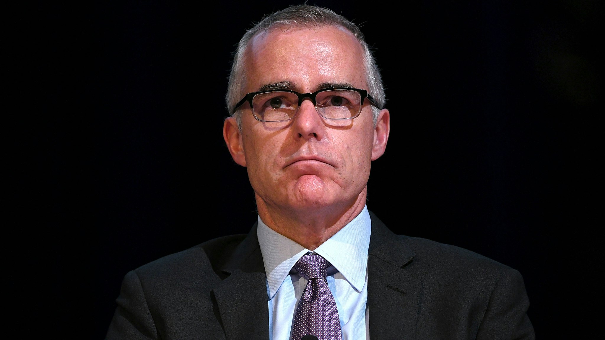 LOS ANGELES, CA - MARCH 14: Andrew McCabe presents onstage at the American Jewish University on March 14, 2019 in Los Angeles, California.