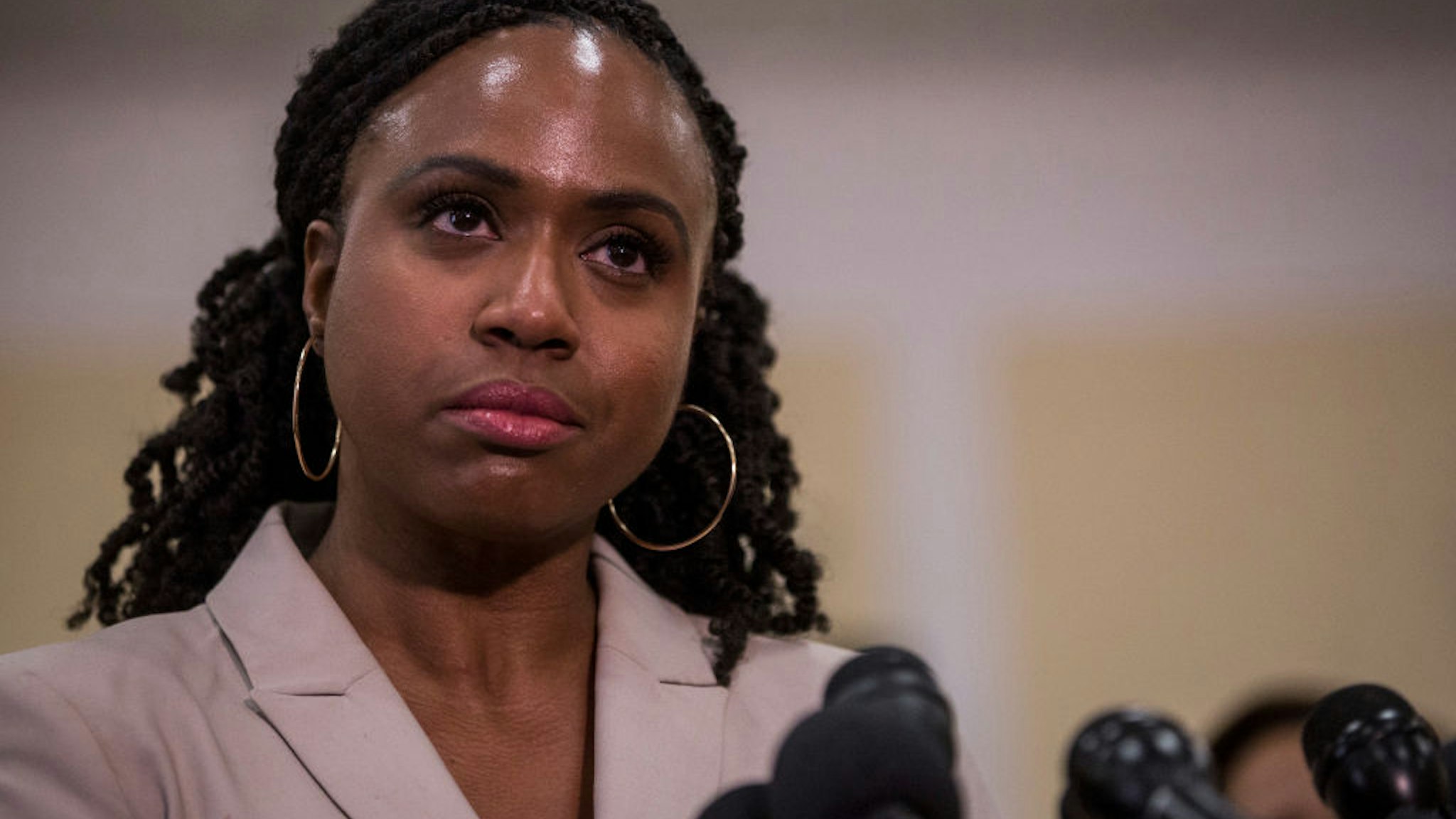 WASHINGTON, DC - JULY 10: Rep. Ayanna Pressley (D-MA) speaks during a press conference preceding a House Oversight and Reform subcommittee hearing on Capitol Hill on July 10, 2019 in Washington, DC. The subject of the hearing was civil rights and civil liberties and migrant detention centers' treatment of children.