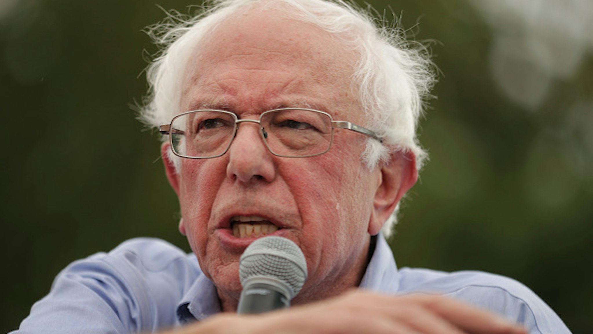 DES MOINES, IOWA - AUGUST 11: Democratic presidential candidate Sen. Bernie Sanders (I-VT) delivers a 20-minute campaign speech at the Des Moines Register Political Soapbox at the Iowa State Fair August 11, 2019 in Des Moines, Iowa. Twenty-two of the 23 politicians seeking the Democratic Party presidential nomination will be visiting the fair this week, six months ahead of the all-important Iowa caucuses.