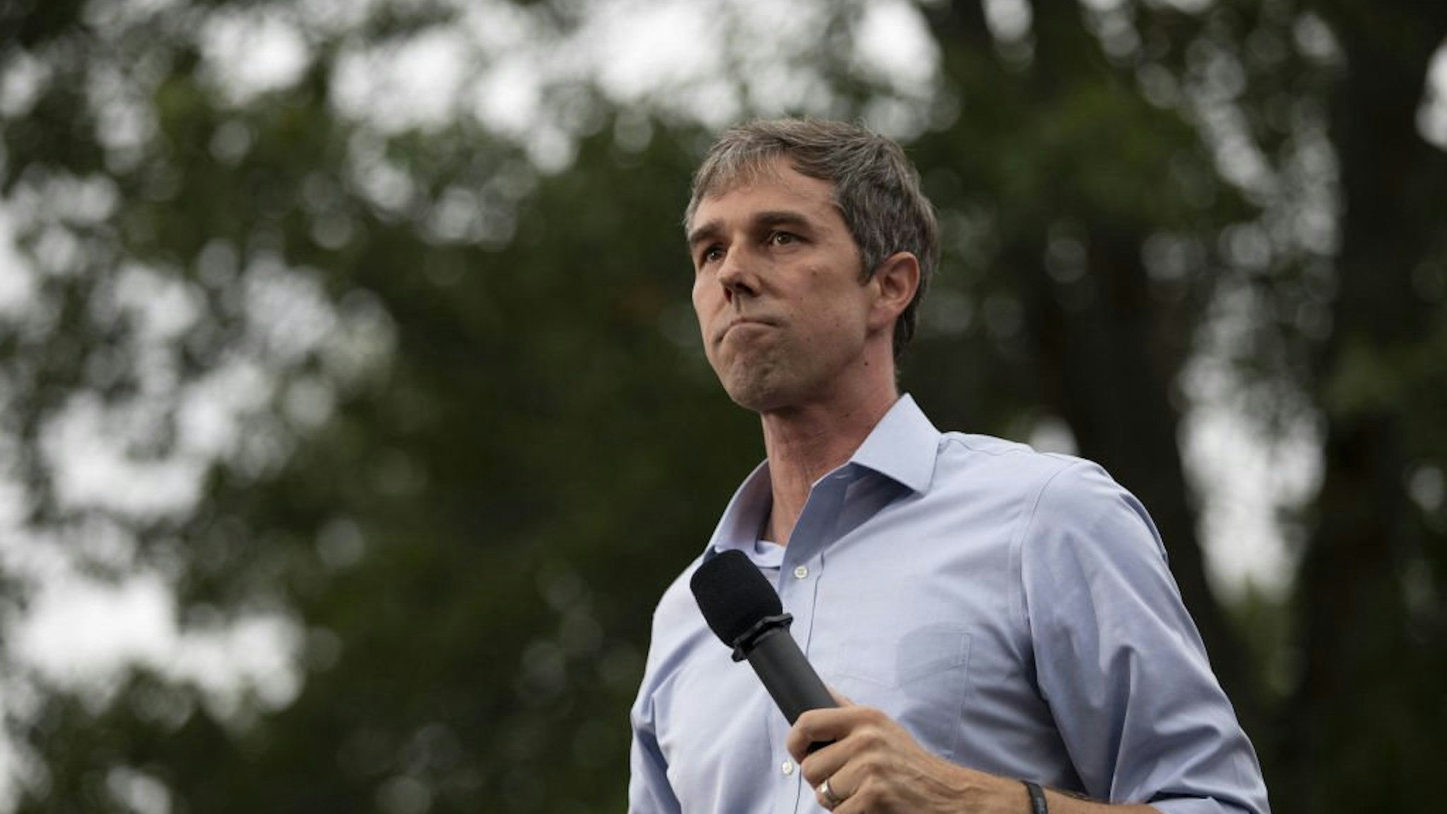 Beto O'Rourke pauses while speaking at the Polk County Steak Fry in Des Moines, Iowa.