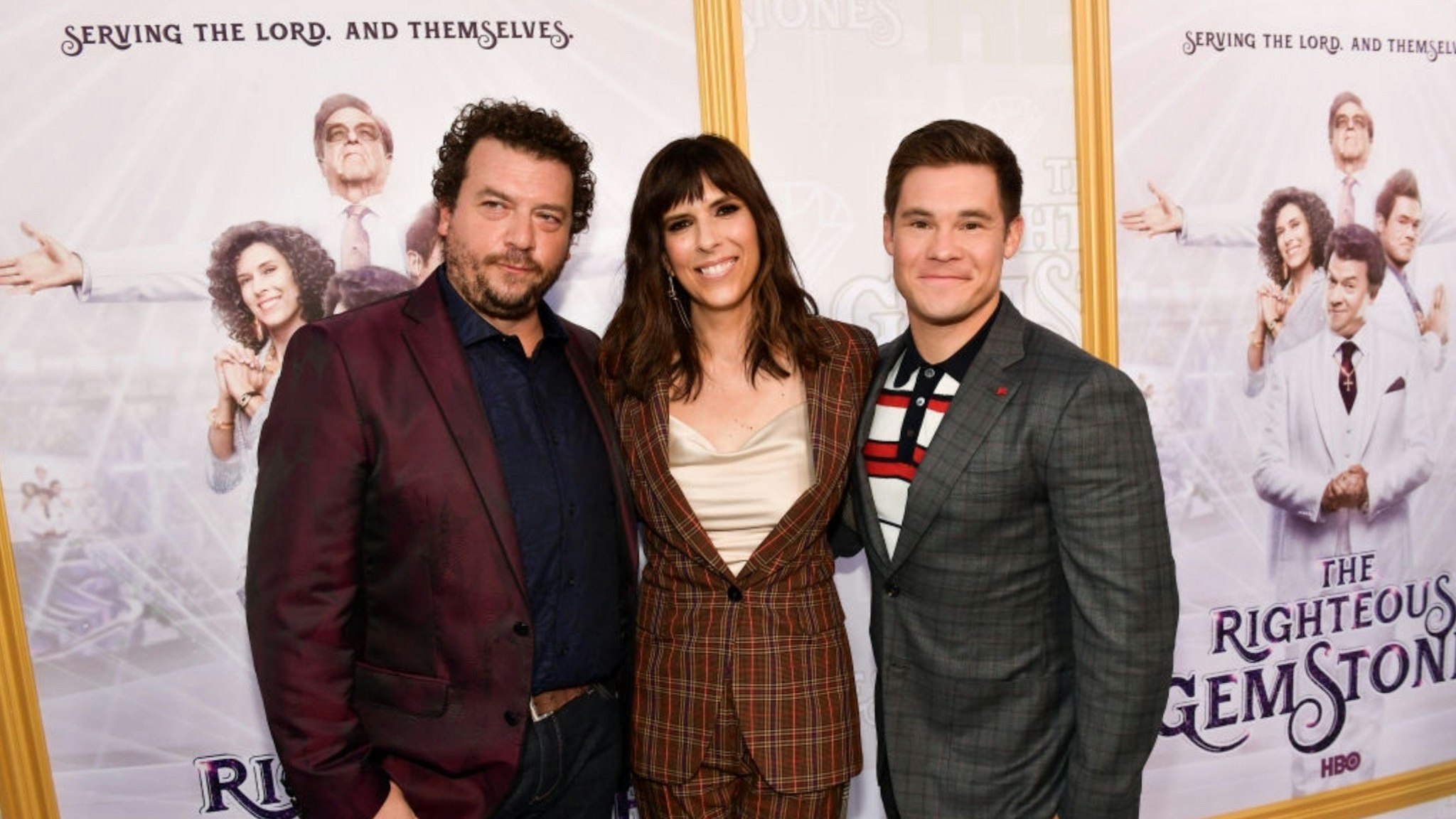 Danny McBride, Edi Patterson and Adam DeVine attend the Los Angeles premiere of New HBO Series "The Righteous Gemstones" at Paramount Studios on July 25, 2019 in Hollywood, California.