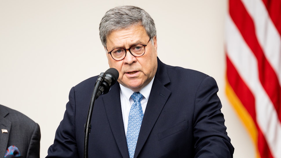 WASHINGTON, D C , UNITED STATES - 2019/07/11: Attorney General William Barr discussing the counting of citizens in the country and the legal issues surrounding that effort, in the Rose Garden at the White House.