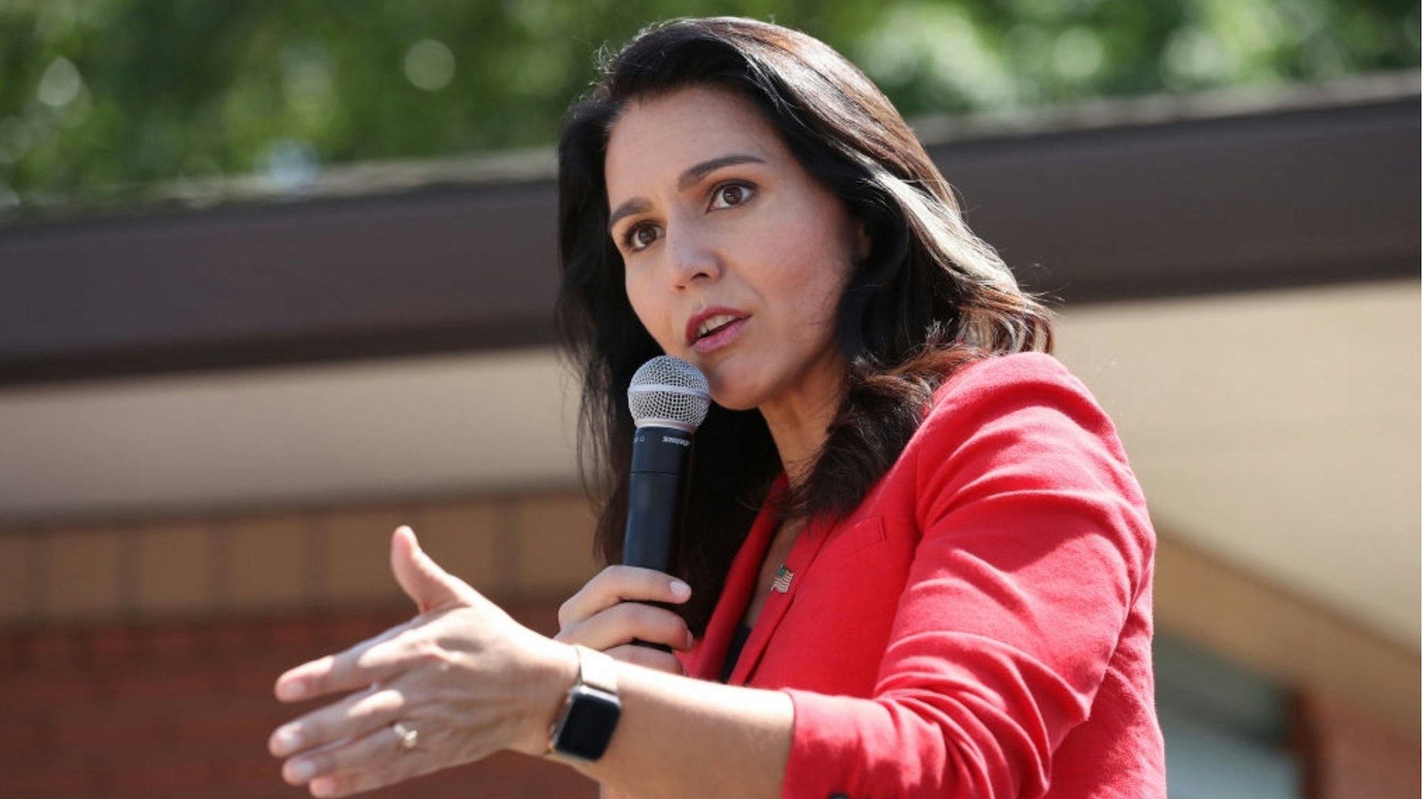 Democratic presidential candidate Rep. Tulsi Gabbard (D-HI) delivers a 20-minute campaign speech at the Des Moines Register Political Soapbox during the Iowa State Fair August 09, 2019 in Des Moines, Iowa.