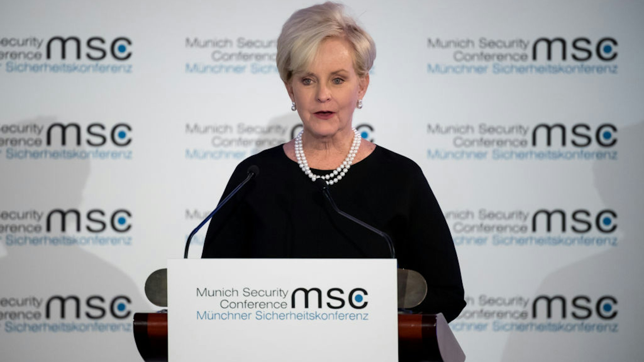 15 February 2019, Bavaria, München: Cindy McCain, the widow of the late US senator, speaks in the state parliament during the presentation of the John McCain Dissertation Prize. The award is presented annually to up to two doctoral theses for outstanding scientific contributions in the field of political science, with a focus on transatlantic relations.