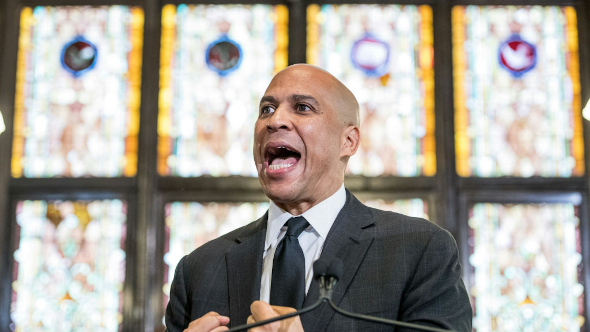 CHARLESTON, SC - AUGUST 7: Democratic presidential candidate and U.S. Sen. Cory Booker (D-NJ) speaks to a crowd about gun violence and white nationalism at Emanuel AME Church August 7, 2019 in Charleston, South Carolina. Booker's event, at the site where nine black parishioners were murdered in 2015 by a white supremacist, comes in response to last week's racially motivated mass shooting in El Paso, Texas