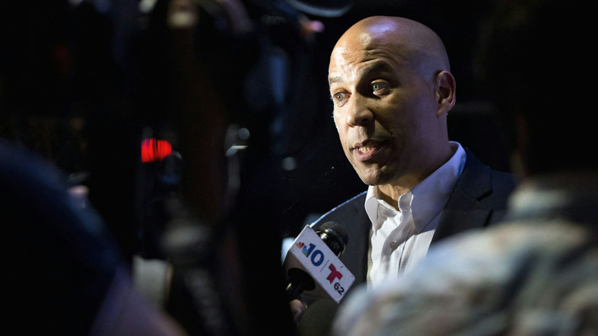 Senator Cory Booker, a Democrat from New Jersey and 2020 presidential candidate, speaks to members of the media during a campaign stop in Philadelphia, Pennsylvania, U.S., on Wednesday, Aug. 7, 2019.