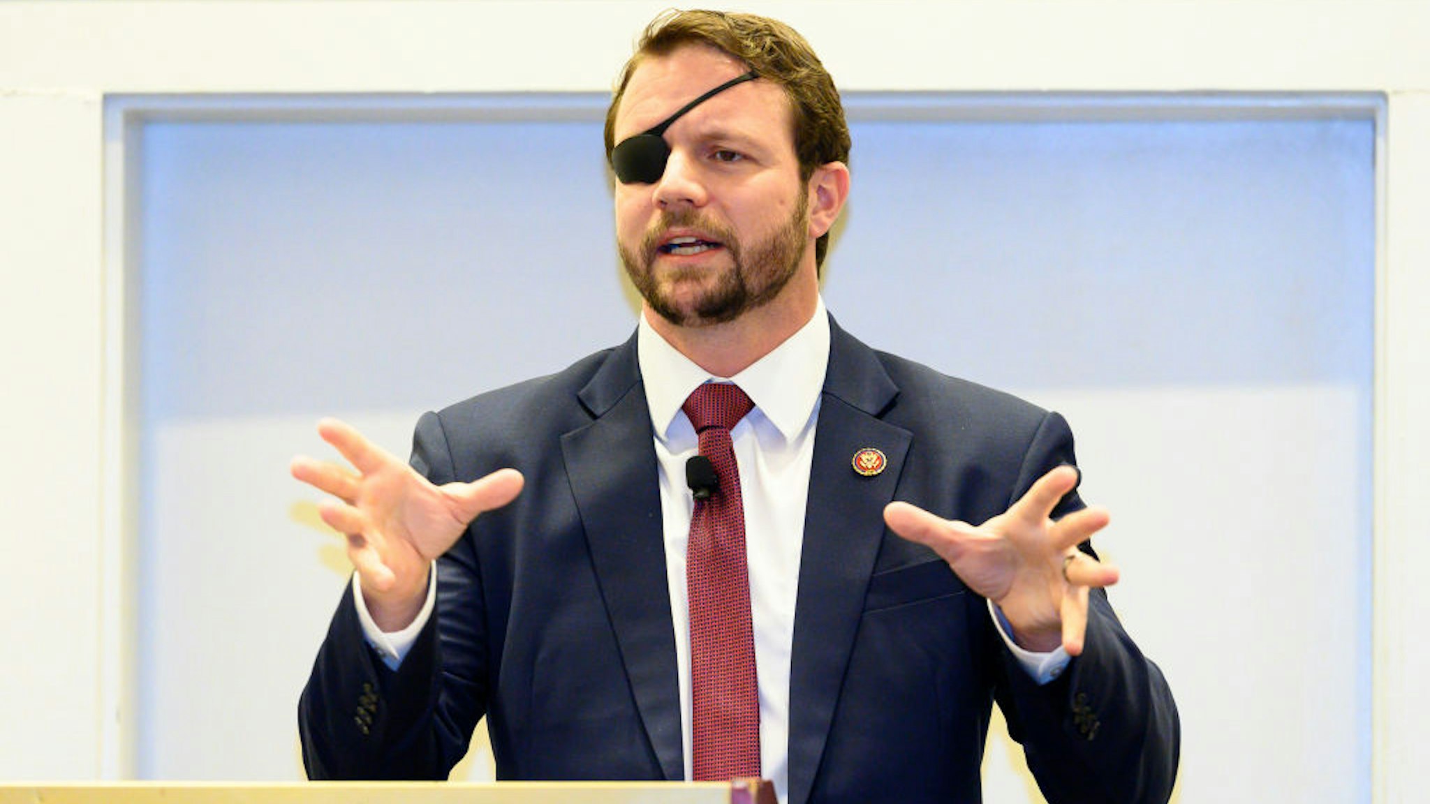 OXON HILL, MD, UNITED STATES - 2019/02/27: U.S. Representative Dan Crenshaw (R-TX) seen speaking at the American Conservative Union's Conservative Political Action Conference (CPAC) at the Gaylord National Resort &amp; Convention Center in Oxon Hill, MD.