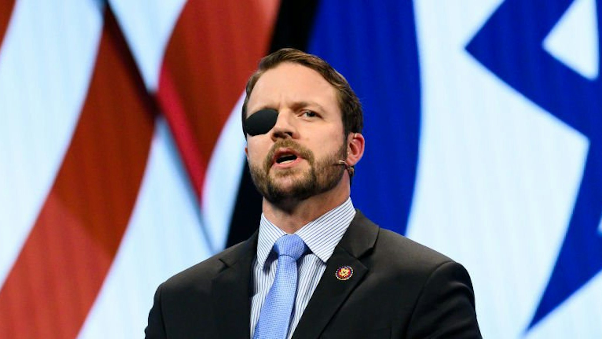 U.S. Representative Dan Crenshaw (R-TX) seen speaking during the American Israel Public Affairs Committee (AIPAC) Policy Conference in Washington, DC.