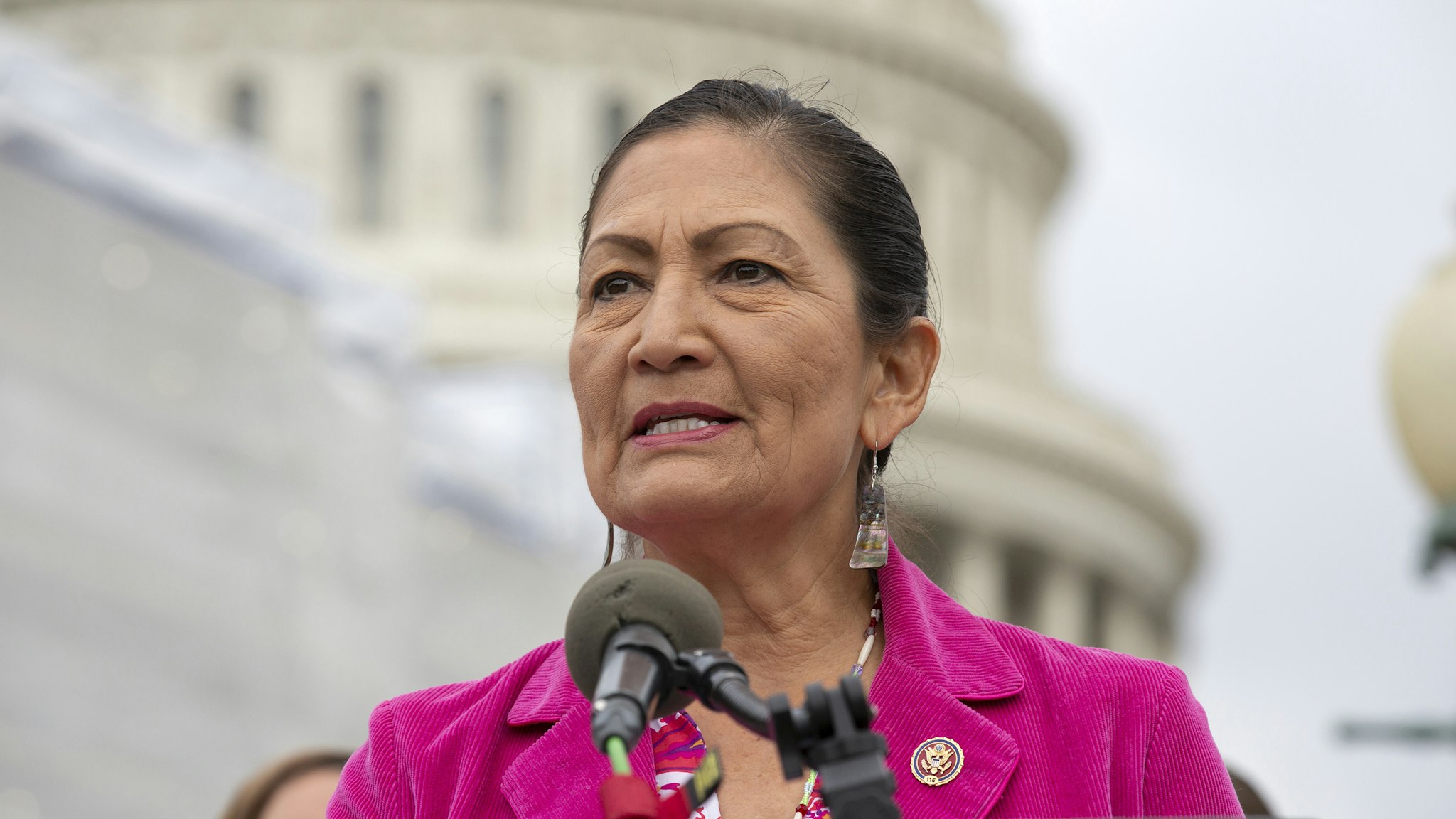 WASHINGTON, DC - JUNE 19: U.S. Rep. Deb Haaland (D-NM) speaks at a press conference on the No Shame at School Act on June 19, 2019 in Washington, DC. The bill, which is sponsored by U.S. Rep. Ilhan Omar (D-MN), will ensure that no child is shamed or goes without eating a school lunch due to a lack of money