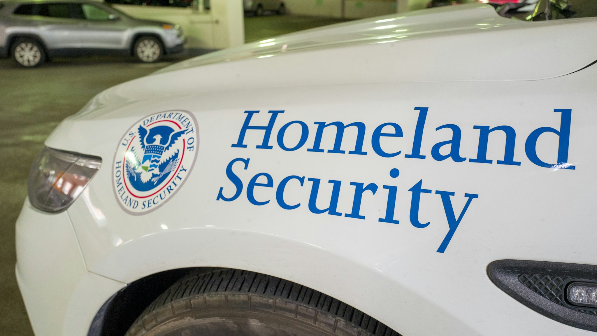 Close-up of logo for the United States Department of Homeland Security on an emergency vehicle in San Francisco, California, February 25, 2019.