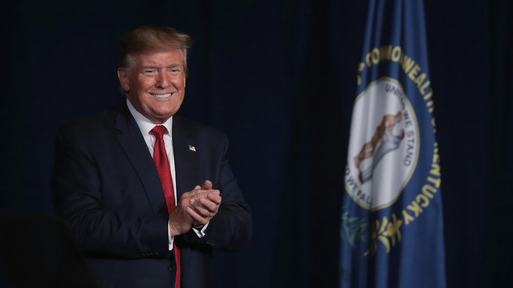 LOUISVILLE, KENTUCKY - AUGUST 21: President Donald Trump speaks to guests during the Joint Opening Ceremony at the American Veterans (AMVETS) 75th National Convention at the Galt House on August 21, 2019 in Louisville, Kentucky. AMVETS is a non-partisan, volunteer-led veterans advocacy organization that was formed by World War II veterans.