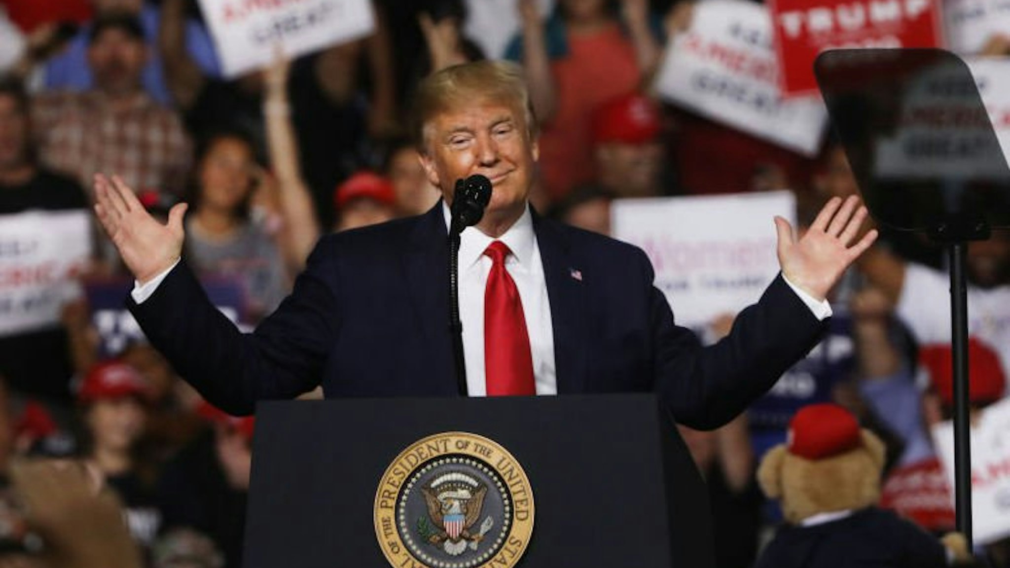 President Donald Trump speaks to supporters at a rally in Manchester on August 15, 2019 in Manchester, New Hampshire.
