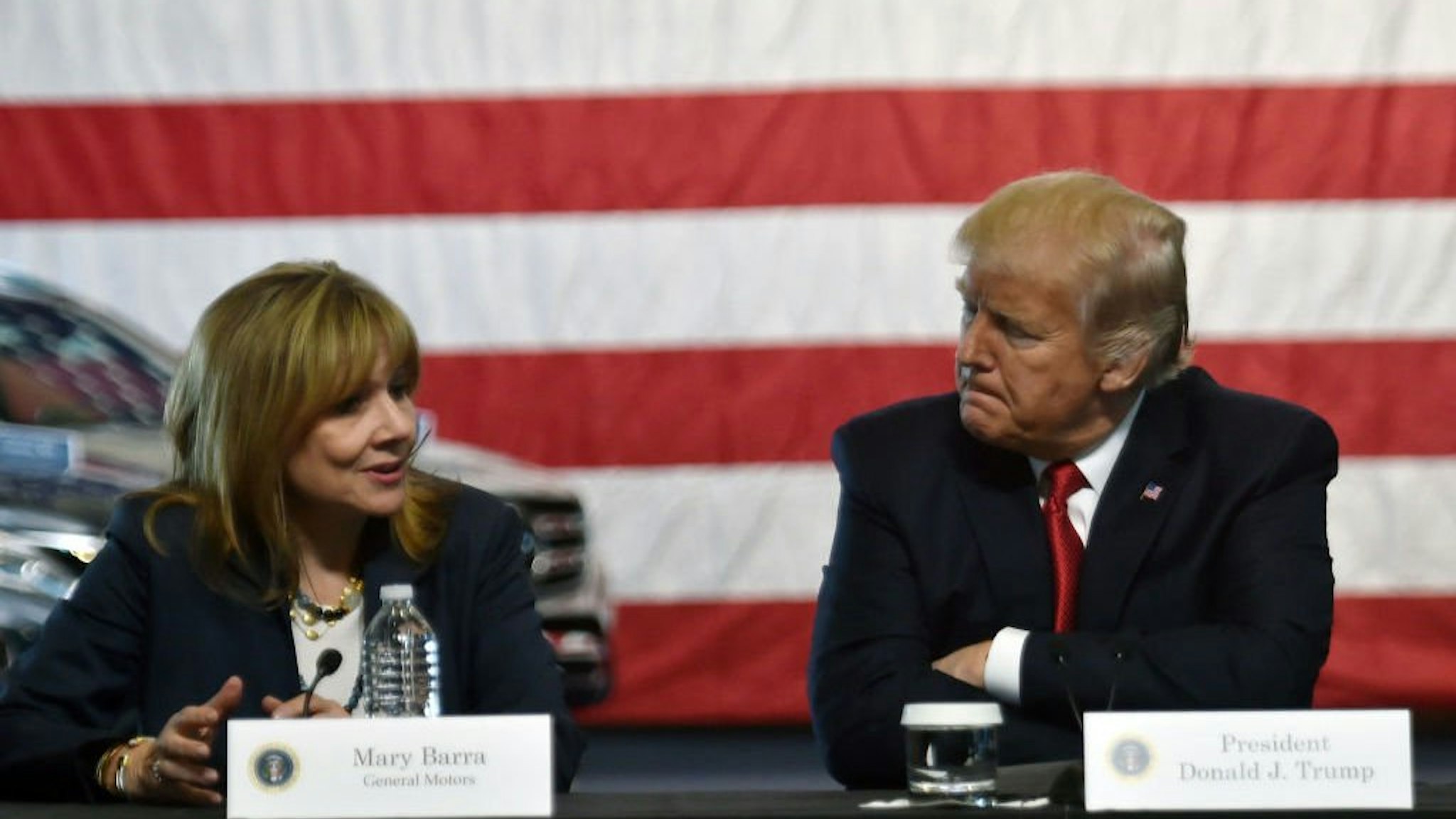 US President Donald Trump speaks at American Center for Mobility in Ypsilanti, Michigan with General Motors CEO Mary Barra on March 15, 2017.