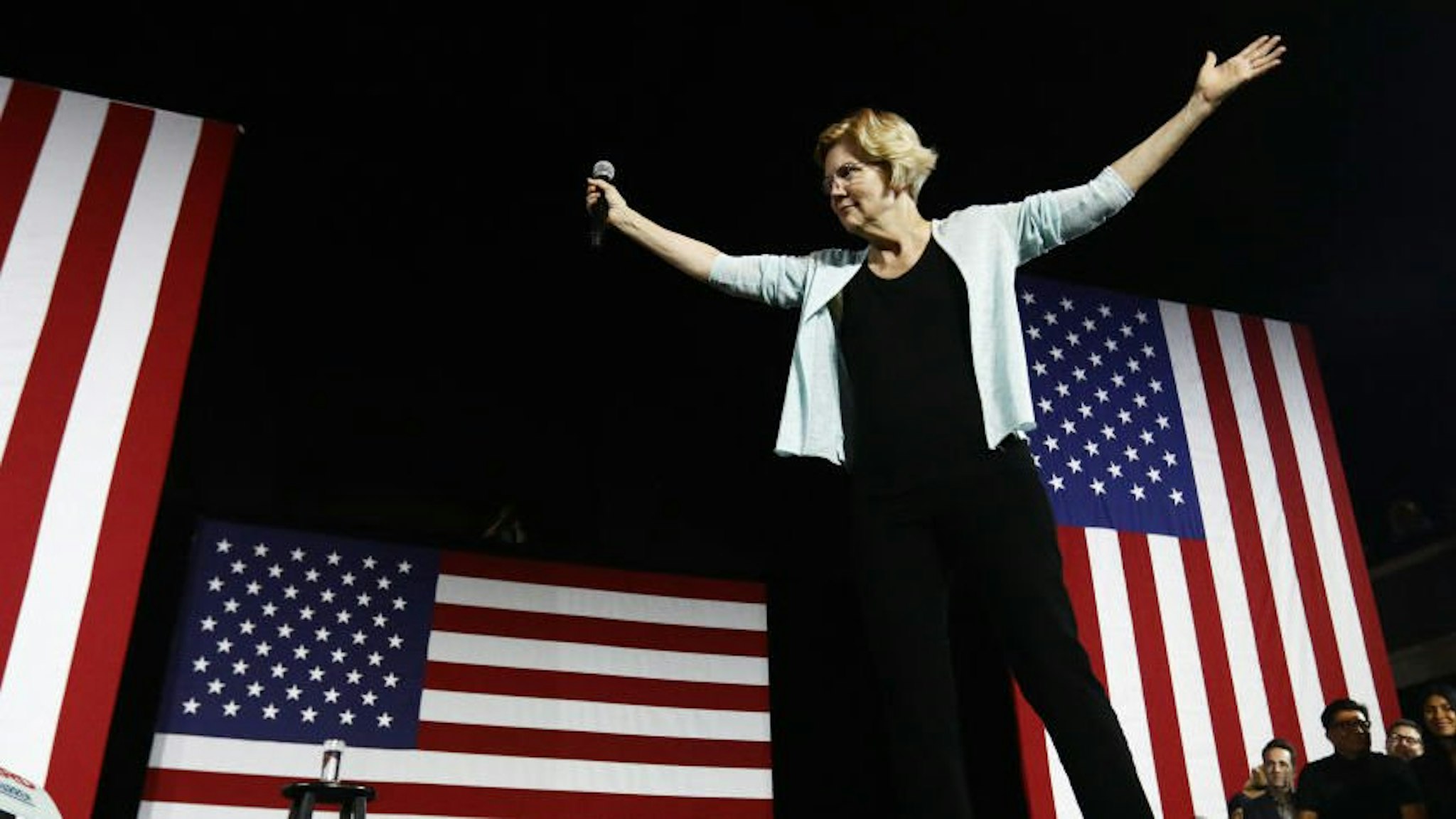 Democratic Presidential candidate Senator for Massachusetts Elizabeth Warren prepares to speak during a town hall meeting at Shrine Auditorium on August 21, 2019 in Los Angeles, California.