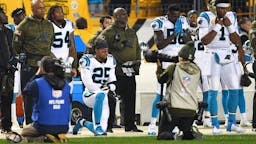Carolina Panthers v Pittsburgh Steelers Eric Reid #25 of the Carolina Panthers kneels during the National Anthem before the game against the Pittsburgh Steelers at Heinz Field on November 8, 2018 in Pittsburgh, Pennsylvania.