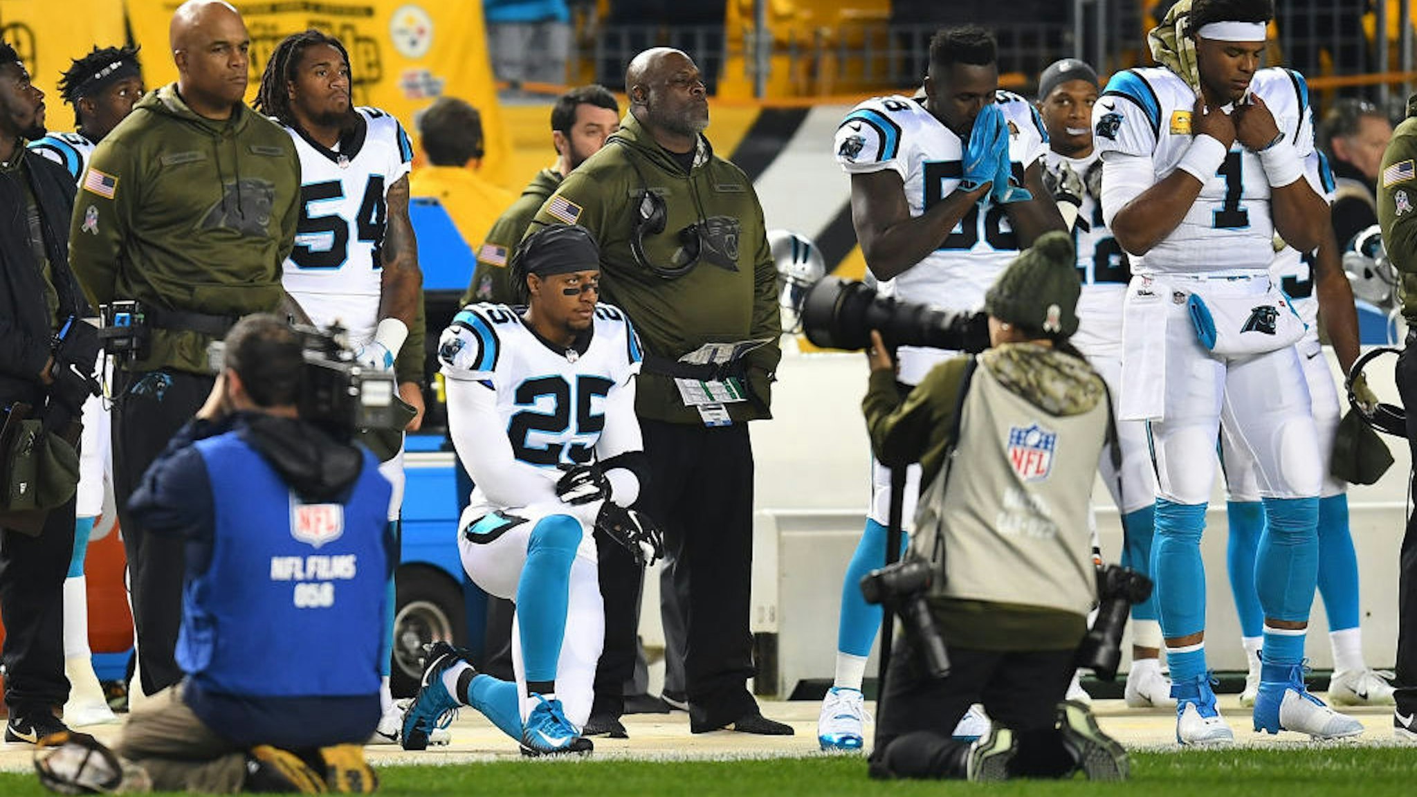 Eric Reid #25 of the Carolina Panthers kneels during the National Anthem before the game against the Pittsburgh Steelers at Heinz Field on November 8, 2018 in Pittsburgh, Pennsylvania.