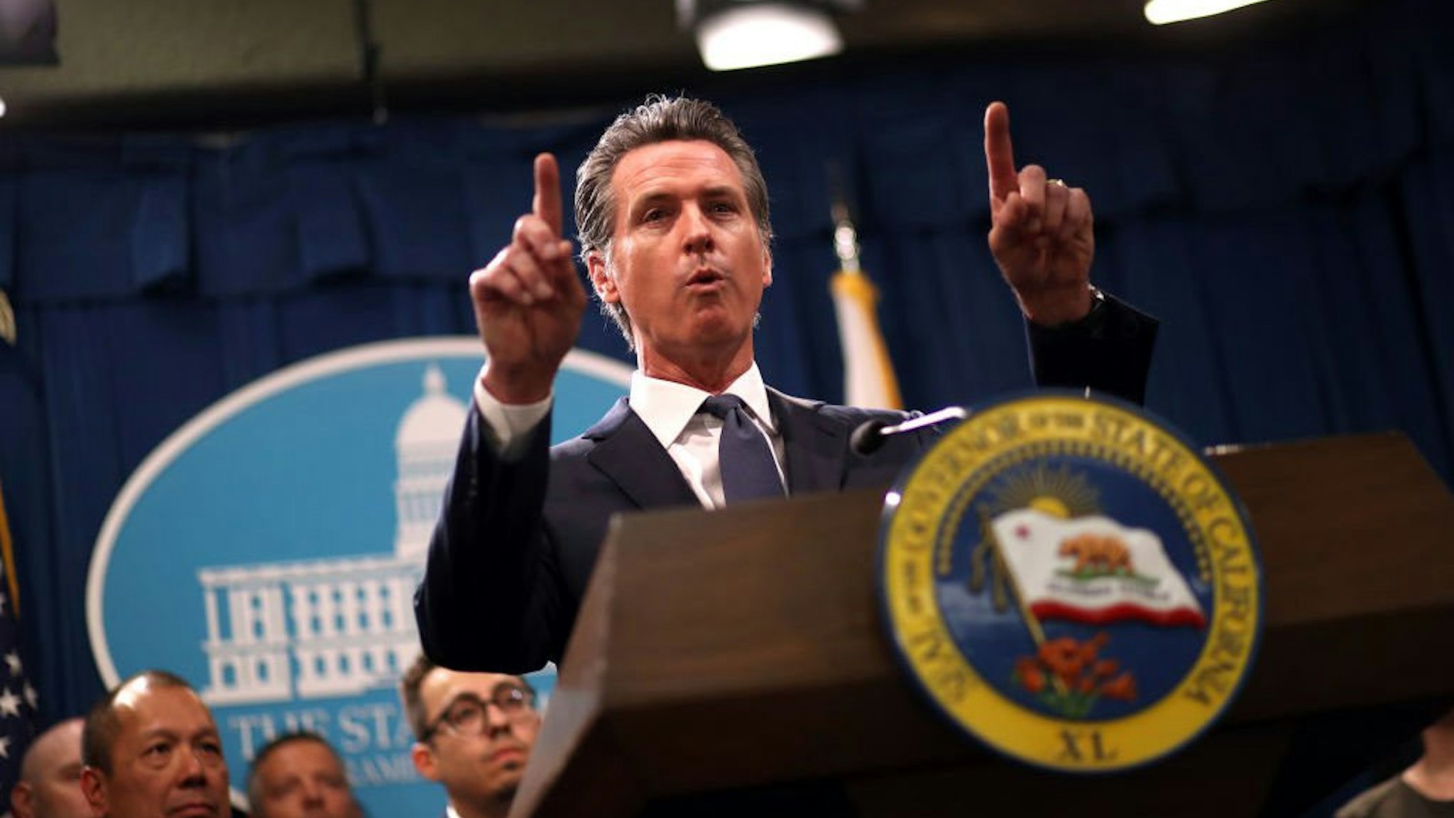 California Gov. Gavin Newsom speaks during a news conference with California attorney General Xavier Becerra at the California State Capitol on August 16, 2019 in Sacramento, California.