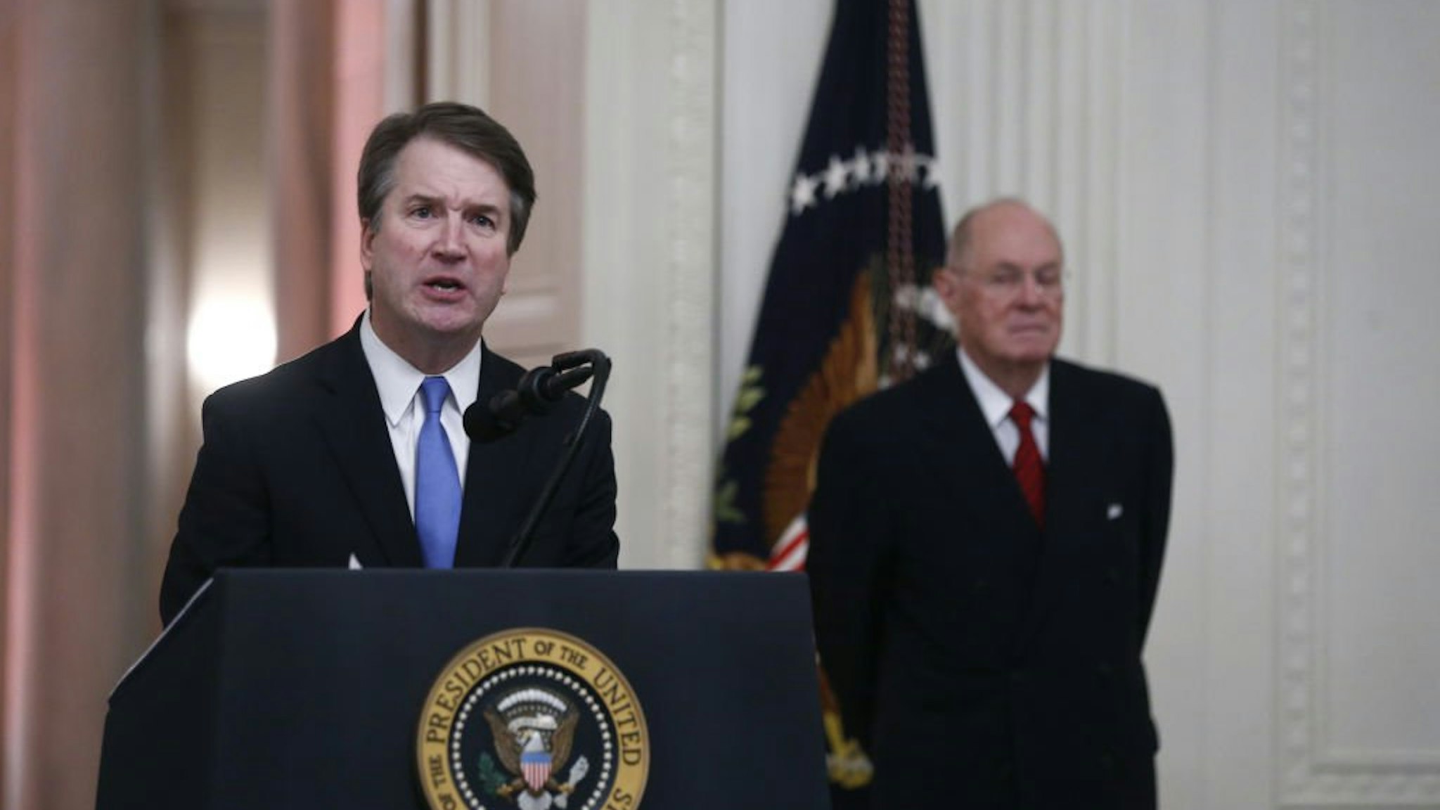 Brett Kavanaugh, associate justice of the U.S. Supreme Court, speaks during a ceremonial swearing-in event in the East Room of the White House in Washington, D.C., U.S., on Monday, Oct. 8, 2018.
