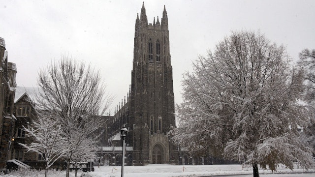 DURHAM, NC - DECEMBER 09: A general view of the Duke Chapel on the campus of Duke University as snow falls from Winter Storm Diego on December 9, 2018 in Durham, North Carolina.