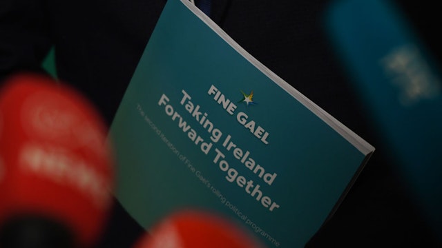 Taoiseach Leo Varadkar, the Leader of Fine Gael, holds 'Taking Irekland Forward Together' project during the press conference after Fine Gael Parliamentary Party meeting, at the Alex Hotel in Dublin. On Monday, January 14, 2019, in Dublin, Ireland.