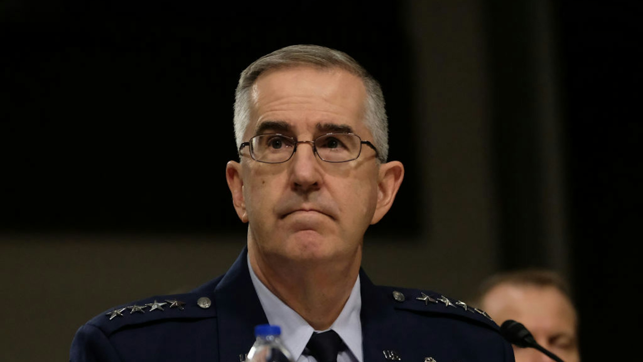 Air Force Gen. John E. Hyten listens during a Senate Armed Services Committee hearing on April 11, 2019 in Washington, DC.