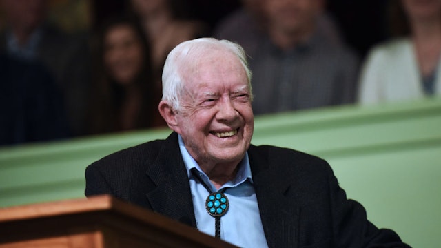 Former U.S. President Jimmy Carter speaks to the congregation at Maranatha Baptist Church before teaching Sunday school in his hometown of Plains, Georgia on April 28, 2019.