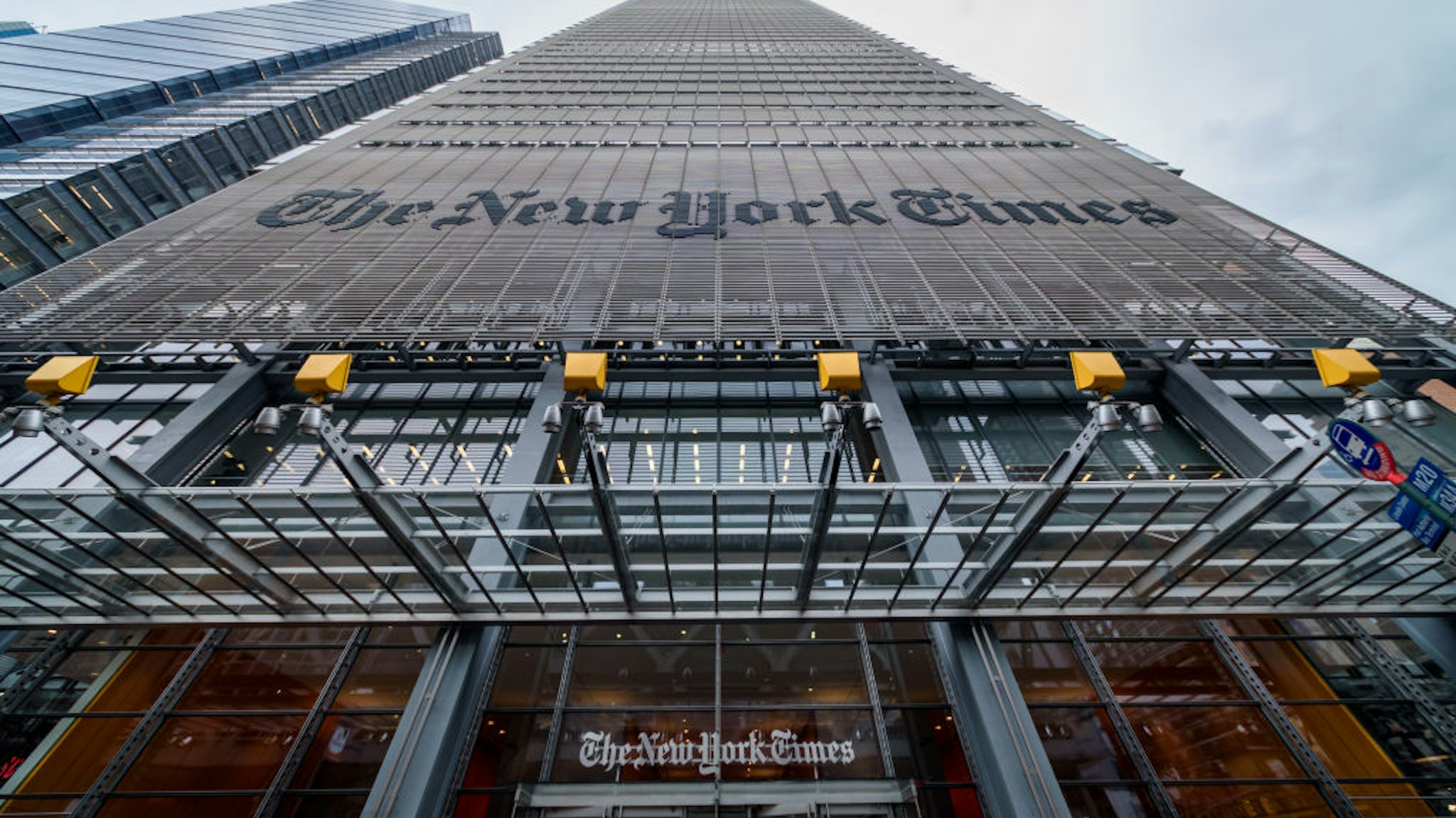 NEW YORK TIMES HEADQUARTERS, NEW YORK, UNITED STATES - 2019/04/29: New York Times Headquarters - Jewish organizations held a protest outside The New York Times offices, over the alleged anti-Semitic cartoon published in the newspaper depicting Israeli Prime Minister Benjamin Netanyahu as a dog on a leash held by a blind President Donald Trump.