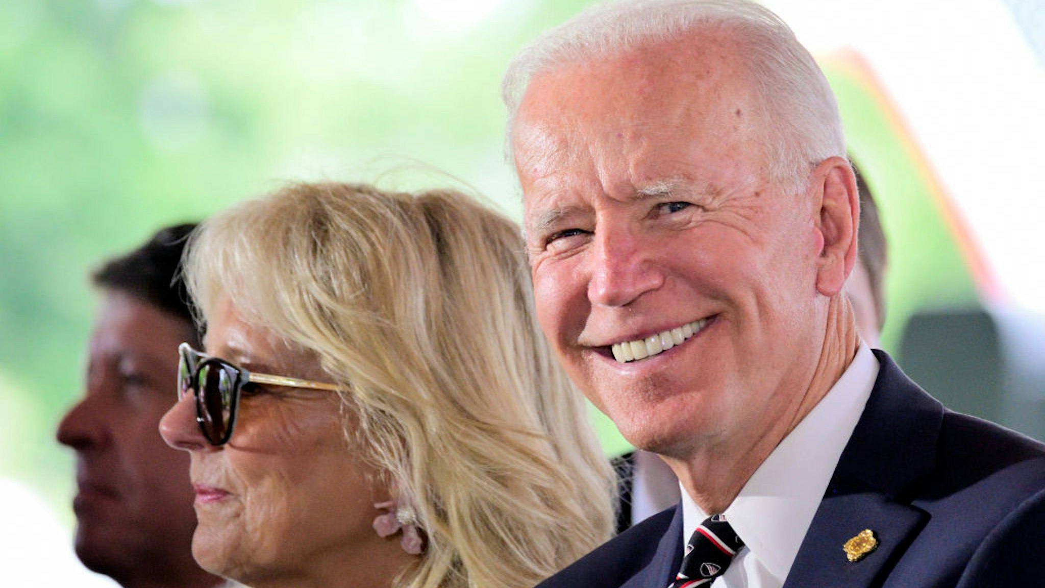 Presidential hopeful Former Vice President Joe Biden, joined by Dr. Jill Biden and granddaughter Natalie Biden on his side, attend the Delaware Memorial Day Ceremony, in New Castle, DE on May 30, 2019.