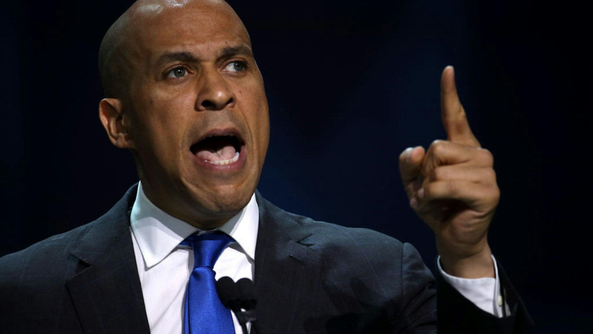 SAN FRANCISCO, CALIFORNIA - JUNE 01: Democratic presidential candidate U.S. Sen. Cory Booker (D-NJ) speaks during the California Democrats 2019 State Convention at the Moscone Center on June 01, 2019 in San Francisco, California. Several Democratic presidential candidates are speaking at the California Democratic Convention that runs through Sunday.