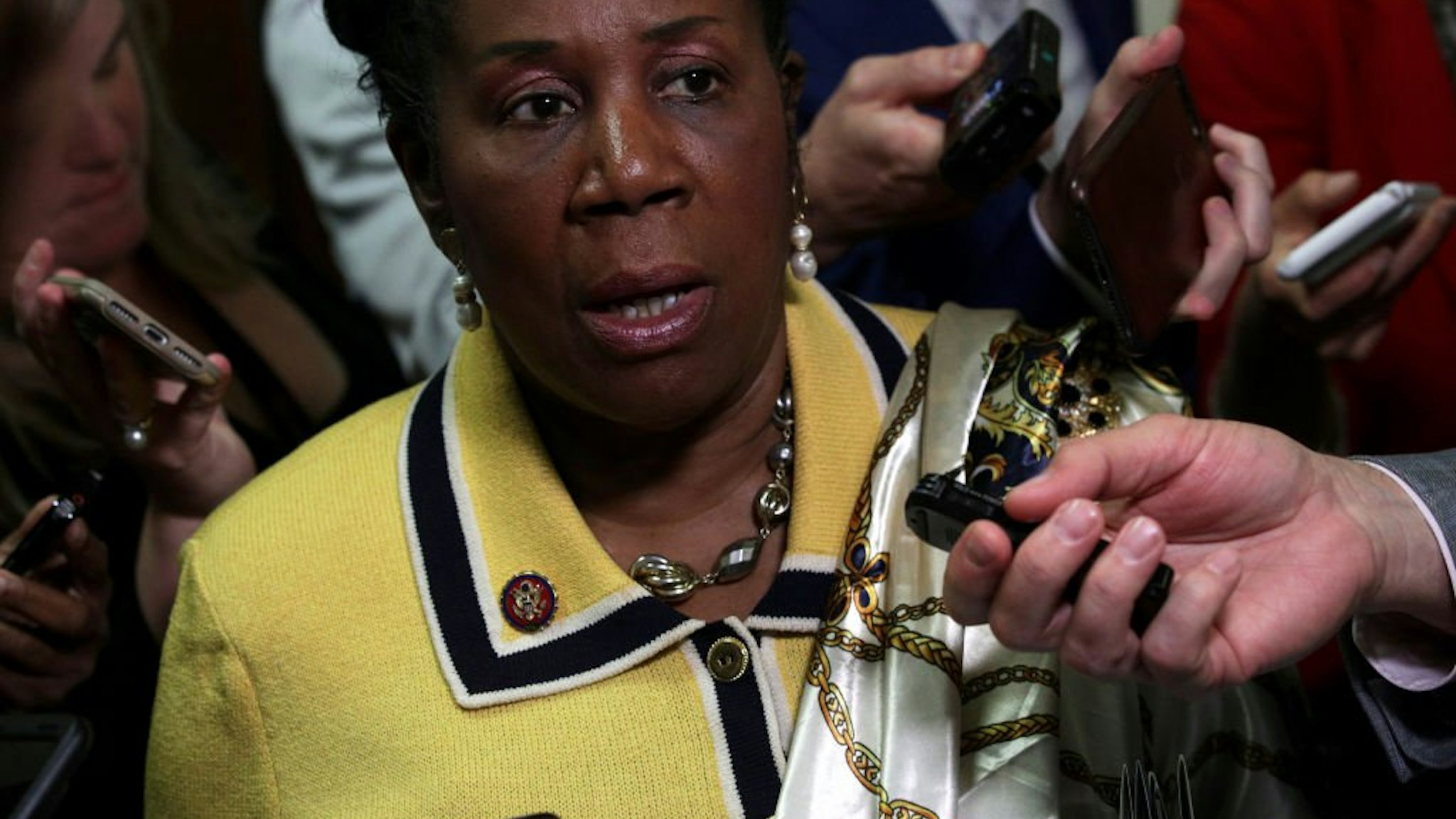 Rep. Sheila Jackson Lee speaks to members of the media outside the room where former White House communications director Hope Hicks testified at a closed-door interview with the House Judiciary Committee June 19, 2019 on Capitol Hill in Washington, DC.