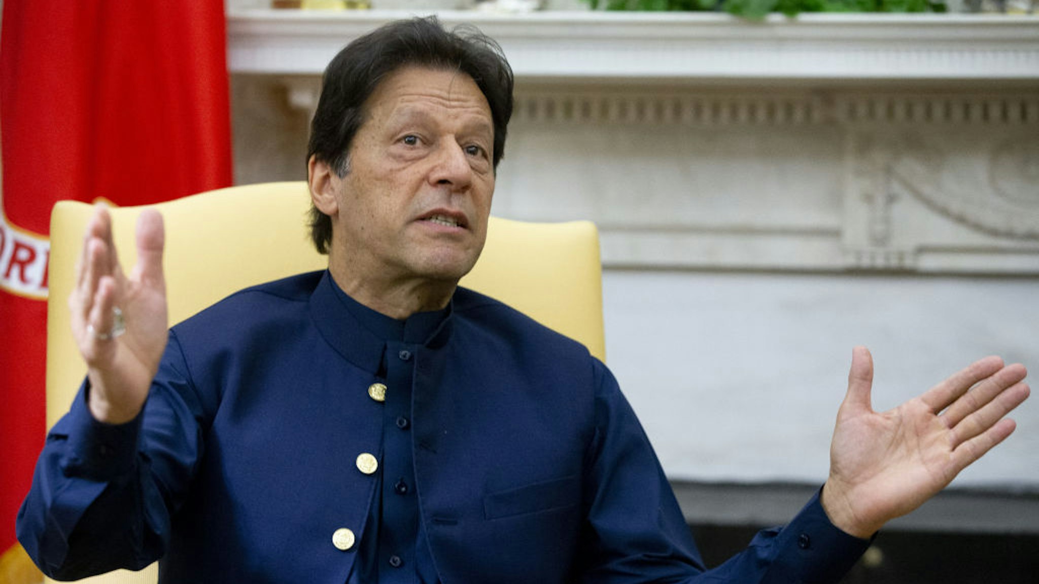Imran Khan, Pakistan's prime minister, speaks during a meeting with U.S. President Donald Trump, not pictured, in the Oval Office of the White House in Washington, D.C., U.S., on Monday, July 22, 2019.