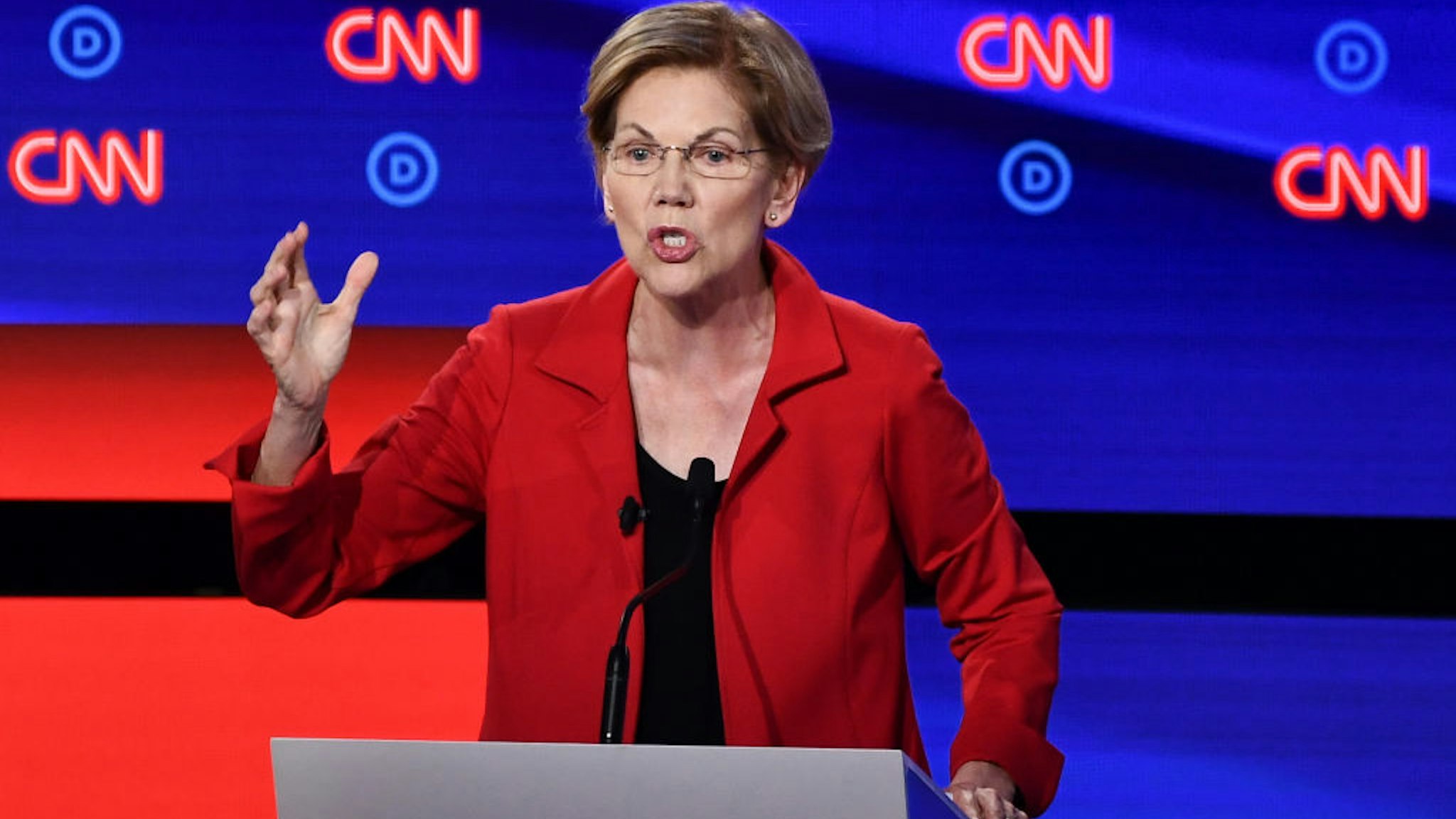 Democratic presidential hopeful US Senator from Massachusetts Elizabeth Warren participates in the first round of the second Democratic primary debate of the 2020 presidential campaign season hosted by CNN at the Fox Theatre in Detroit, Michigan on July 30, 2019. (Photo by Brendan Smialowski / AFP) / ALTERNATIVE CROP (Photo credit should read BRENDAN SMIALOWSKI/AFP/Getty Images)