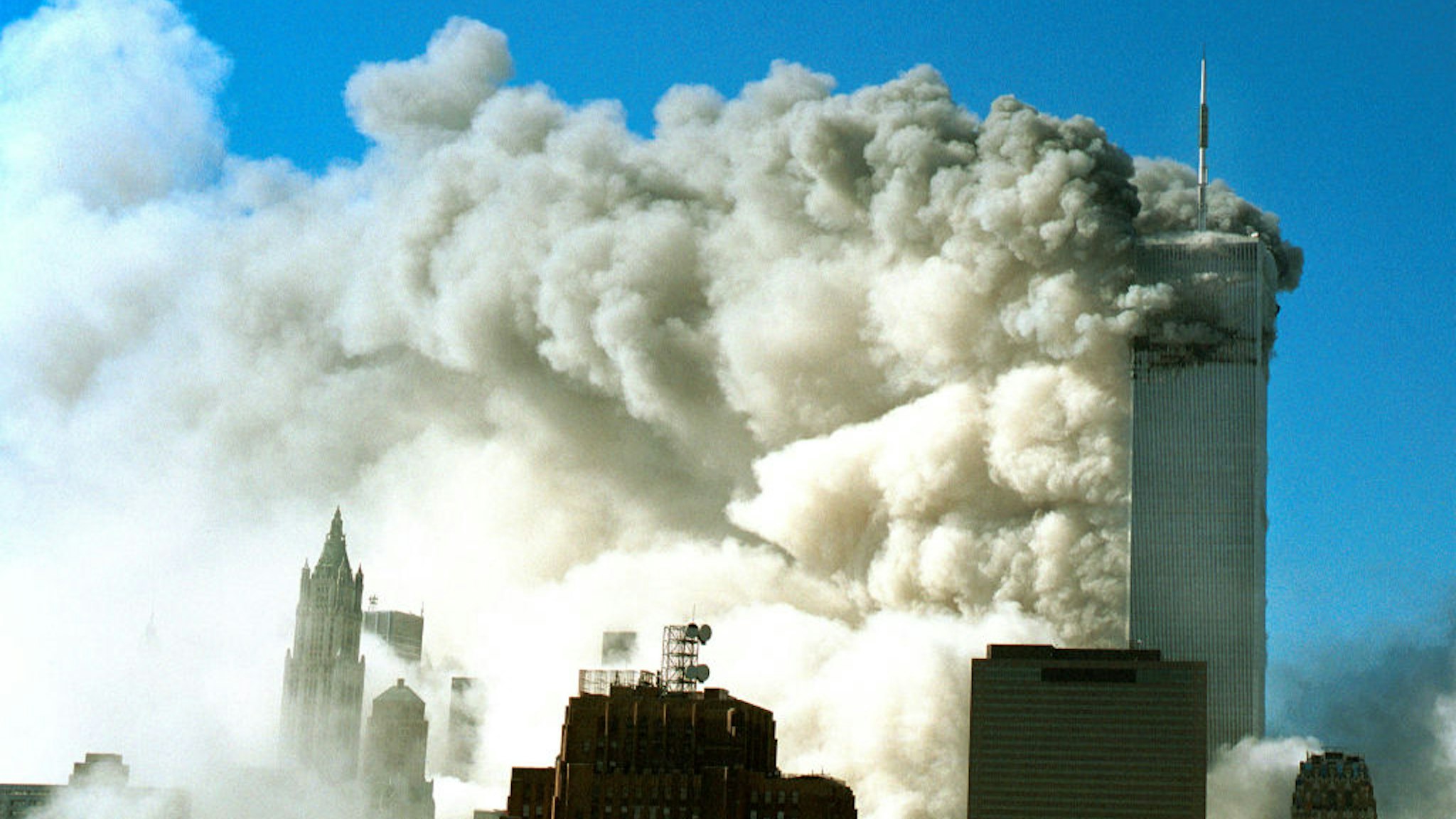 Smoke pours out of the World Trade Center after the twin towers were struck by two planes during a suspected terrorist attack September 11, 2001 in New York City.