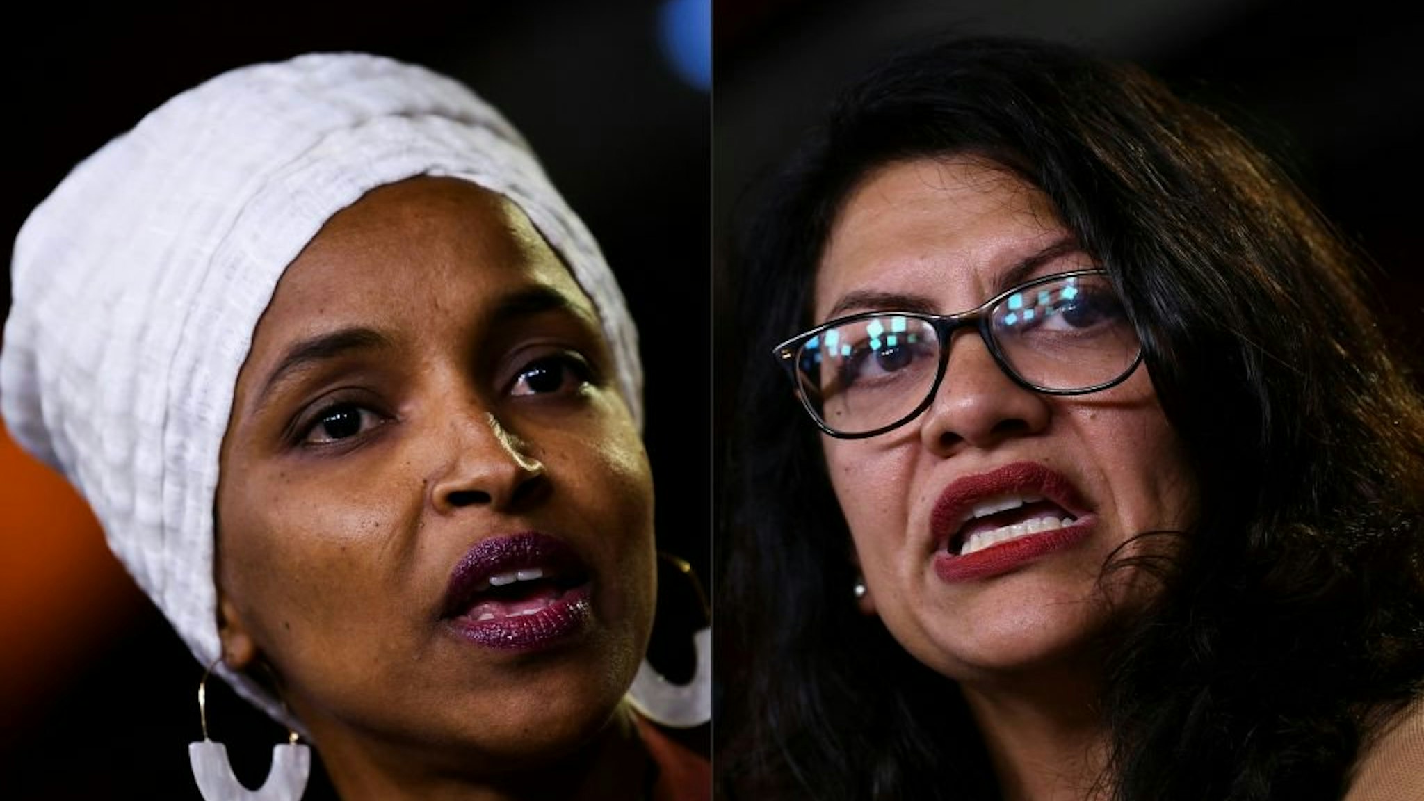 This combination of pictures created on August 15, 2019 shows Democrat US Representatives Ilhan Abdullahi Omar (L) and Rashida Tlaib during a press conference, to address remarks made by US President Donald Trump earlier in the day, at the US Capitol in W
