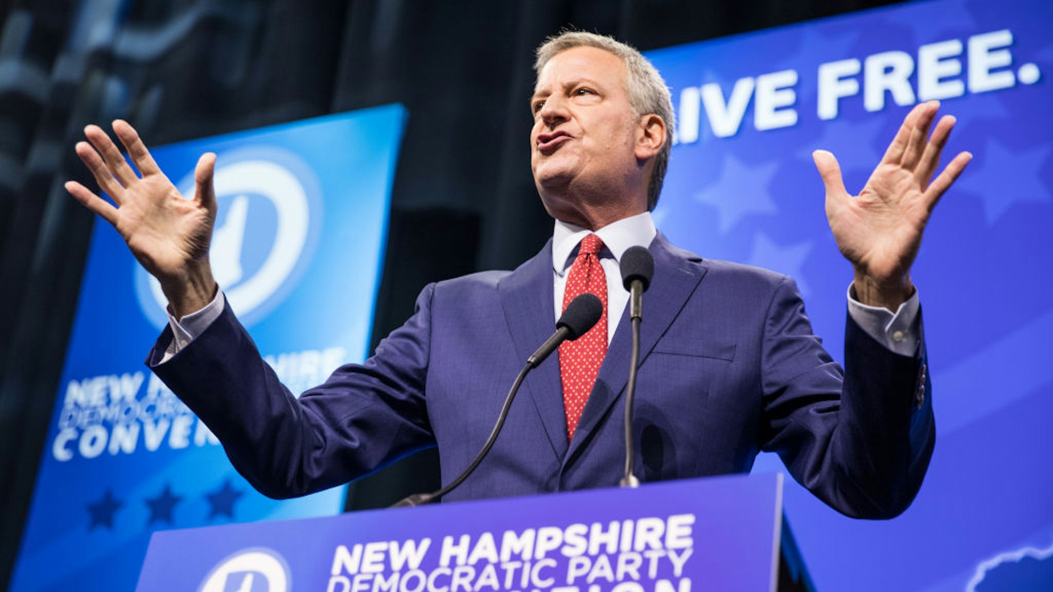 MANCHESTER, NH - SEPTEMBER 07: Democratic presidential candidate, New York City Mayor Bill de Blasio speaks during the New Hampshire Democratic Party Convention at the SNHU Arena on September 7, 2019 in Manchester, New Hampshire. Nineteen presidential candidates will be attending the New Hampshire Democratic Party convention for the state's first cattle call before the 2020 primaries.