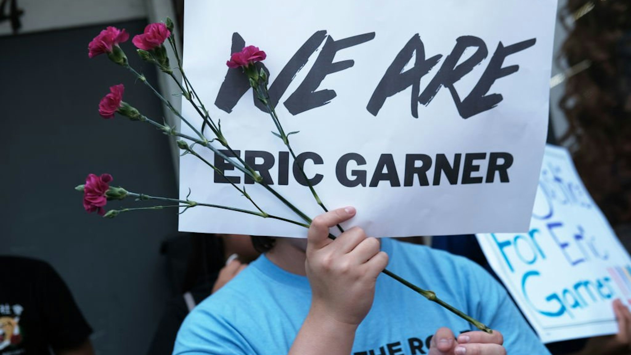 New York City students and youth activists participate in a news conference and rally to commemorate the lives of Eric Garner and Delrawn Small, both of whom were killed by police in different incidents, on August 08, 2019 in New York City.