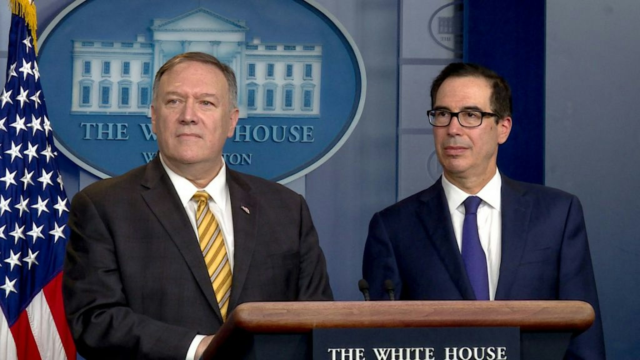 WASHINGTON, DC - SEPTEMBER 10: U.S. Secretary of State Mike Pompeo (L) and Treasury Secretary Steven Mnuchin (R) brief reporters in the James Brady briefing room at the White House on September 10, 2019 in Washington, DC, United States