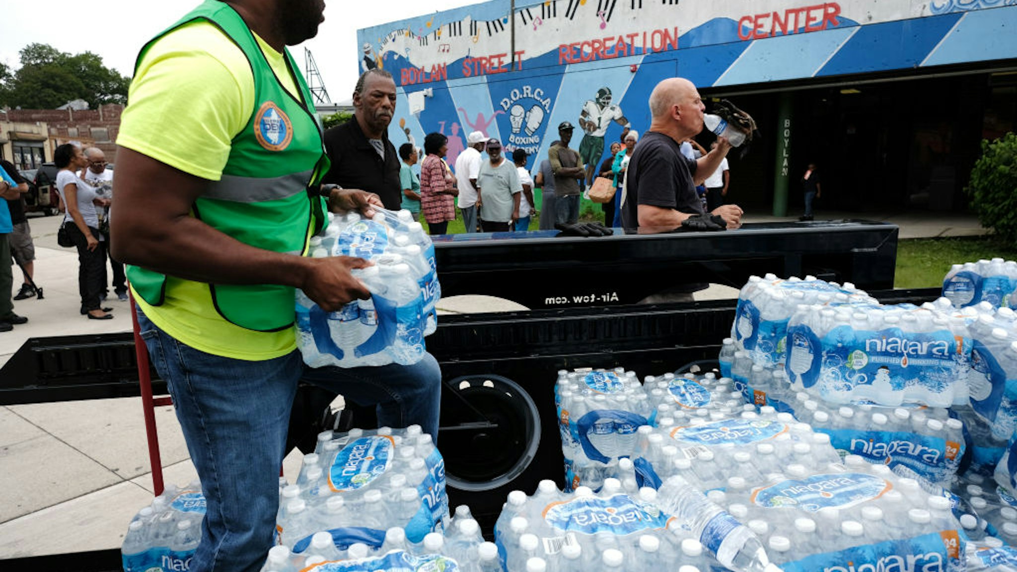 A pallet of bottled water is delivered to a recreation center on August 13, 2019 in Newark, New Jersey. Residents of Newark, the largest city in New Jersey, are to receive free water after lead was found in the tap water.