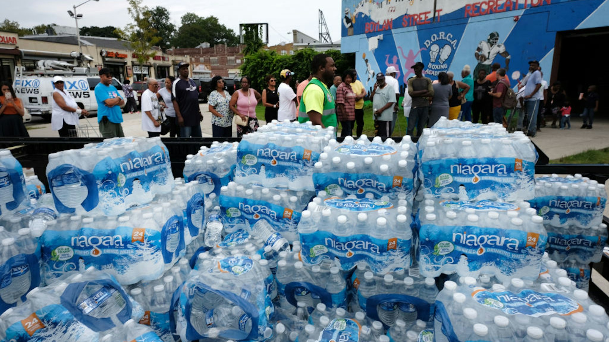 NEWARK, NEW JERSEY - AUGUST 13: A pallet of bottled water is delivered to a recreation center on August 13, 2019 in Newark, New Jersey. Residents of Newark, the largest city in New Jersey, are to receive free water after lead was found in the tap water. It was reported over the weekend that lead levels in some areas of the city were still not safe and the city has begun distributing bottled water for cooking and drinking.