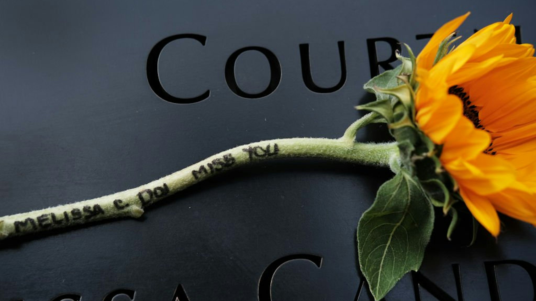 NEW YORK, NEW YORK - SEPTEMBER 10: A message is written to a loved one on the stem of a flower that is placed over a name at the World Trade Center Memorial in lower Manhattan on September 10, 2019 in New York City. New York City is preparing to commemora
