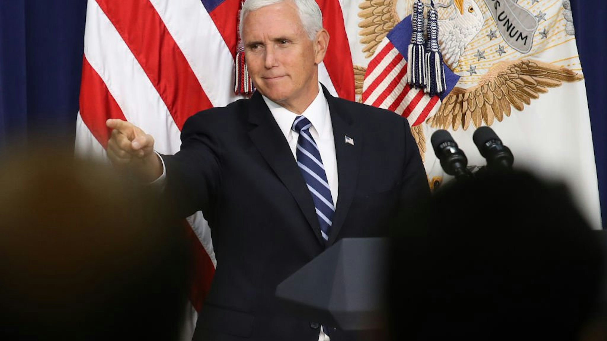 U.S. Vice President Mike Pence concludes his remarks during a naturalization ceremony September 17, 2019 in Washington, DC.